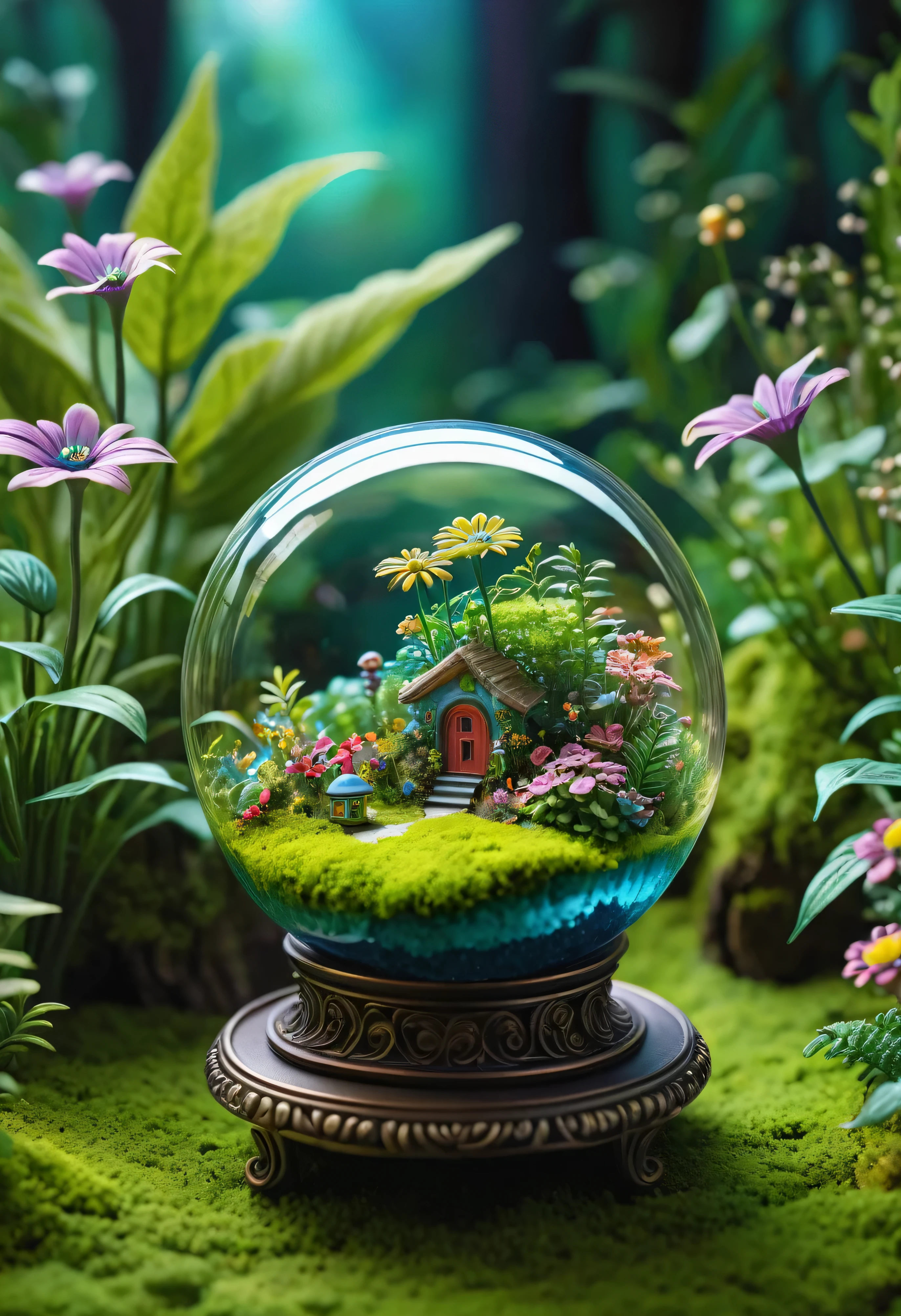 There is a glass ball on the table,There are flowers inside, on a mini world, beautiful detailed miniature, floral environment, diorama macro photography, ultra realistic 3d illustration, Miniature world, beautiful composition 3 - d 4 k, miniature forest, graphic of enchanted terrarium, fantasy magical vegetation, Beautiful garden on background, psychedelic floral planets, author:Jacob Kenin