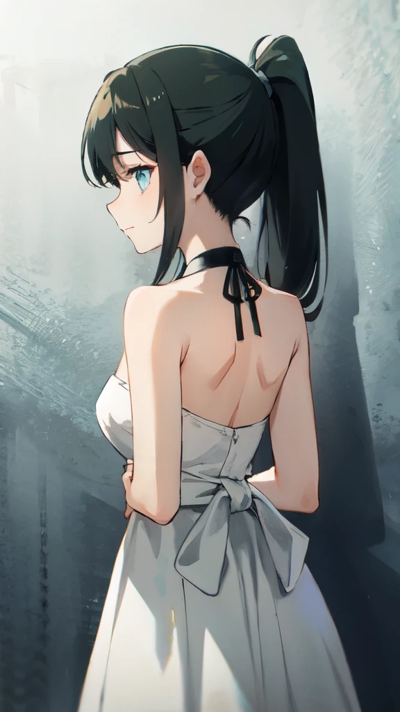 innocence, dark green hair, ponytail, Hands behind your back, White dress, black tie at the waist, young woman,Blue eyes,