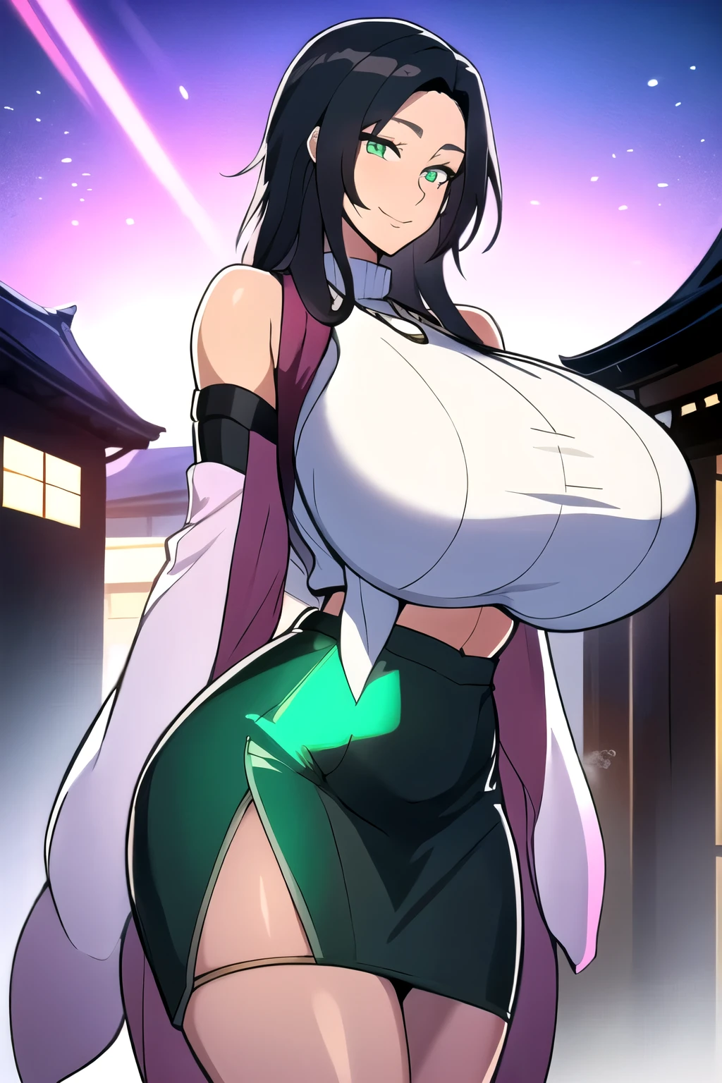 masterpiece, best quality, matsumoto rangiku, beautiful lighting, ((black hair: 1.1)), long hair, turtleneck, crop top, pencil skirt, underboob, necklace, gigantic breasts, (emerald green eyes: 1.1), standing, looking at viewer, smile, japanese architecture, cowboy shot, shiny skin, gigantic breasts, curvy, seductive smile, bare shoulders, elbow gloves, glowing eyes, Bright eyes,