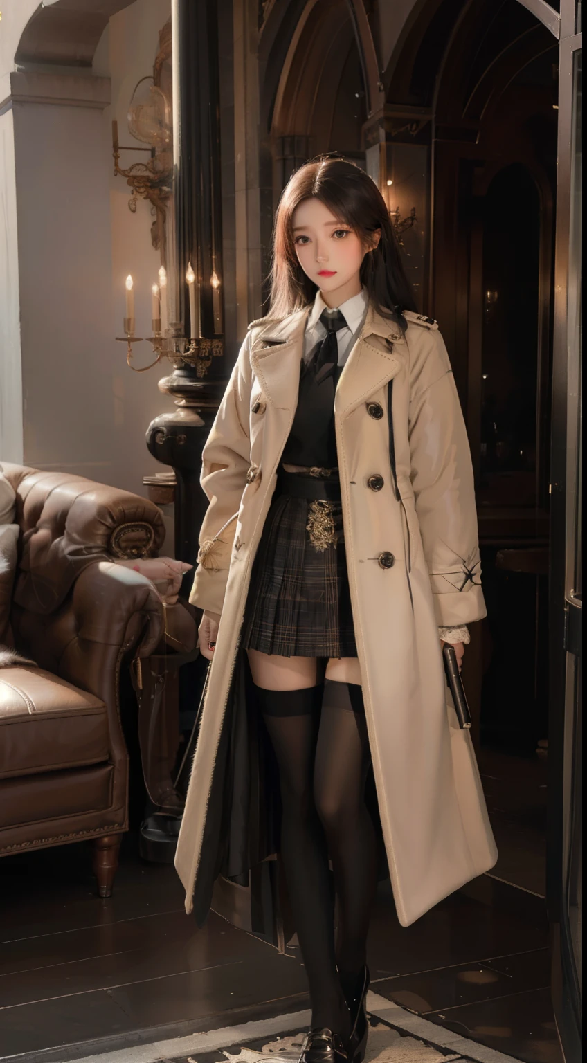 ((masterpiece)), best quality, extremely detailed face, ultra high resolution, (photoactual:1.4), Astonishing, fine details, File size is huge, correct exposure, 1 girl, slim body, Height 162cm, (intricate details), alone, looking at the audience, perfect lighting, actual, lips, blush, shiny skin, White skin,extremely detailed face, Beautiful and delicate eyes, (Detailed skin:1.2), cosmetic, depth of field, ((Uniforms, coat,black stockings,leather shoes,)),whole body, permanent,