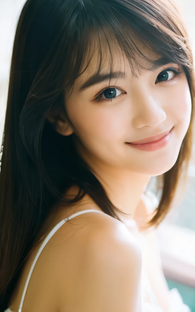 masterpiece, highest quality, 8K, 1 girl, 20th generation, Medium chest, cute, alone, arch smile, cute, girly, delicate girl, pure beauty, Raw photo, professional photography, portrait, soft light, professional lighting, Backlight, Upper body, look forward to your eyes, Sophisticated, film grain, (Eye and face details:1.0), medium length floating hair, beautiful flowing hair,