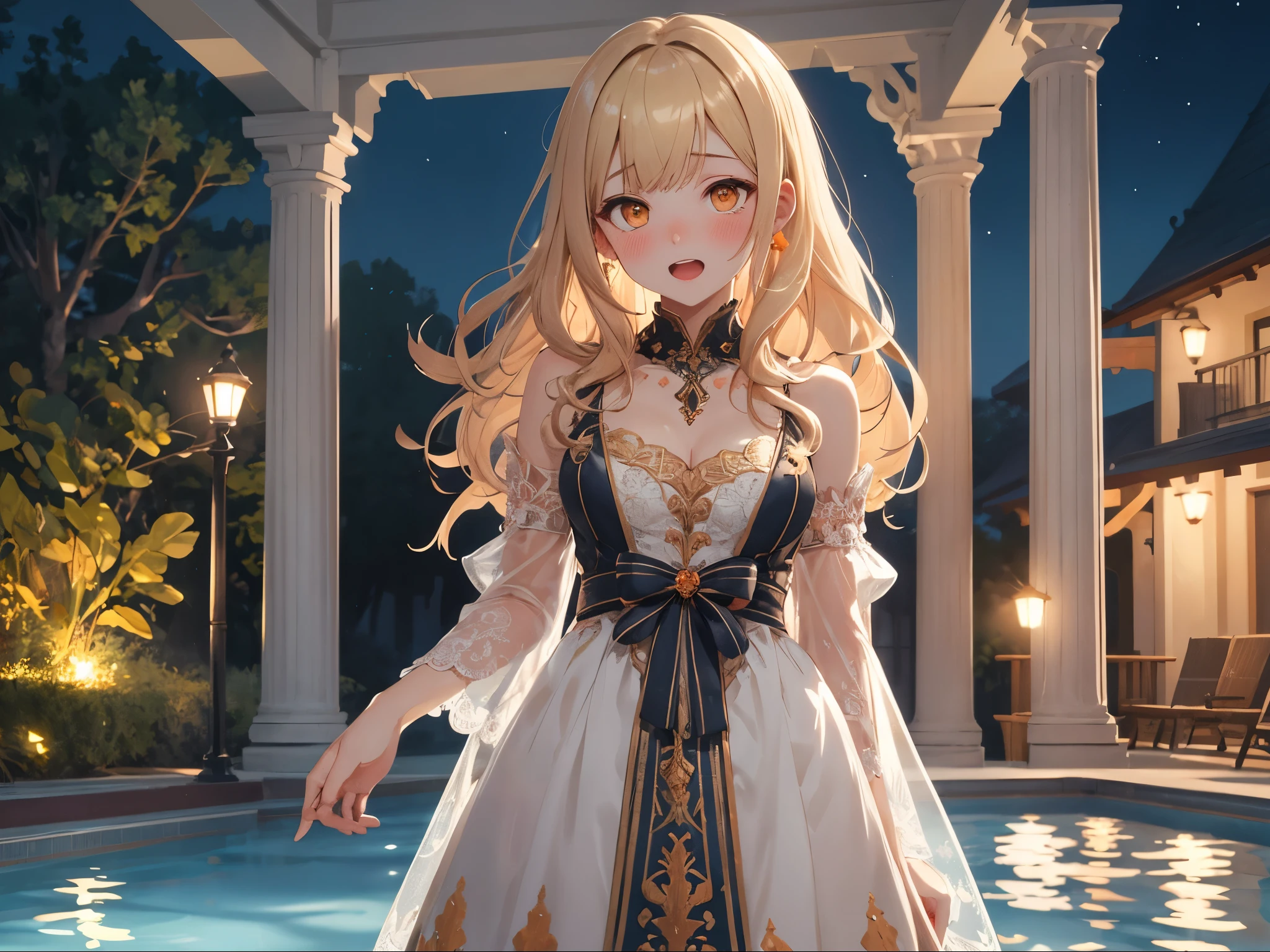 highest quality, masterpiece), intricate details, Beautiful and dense face, See-through, looking at the viewer, night pool, blush, open your mouth,, dull bangs, Happy, Are standing, Blonde hair,cowboy shot,orange eyes,