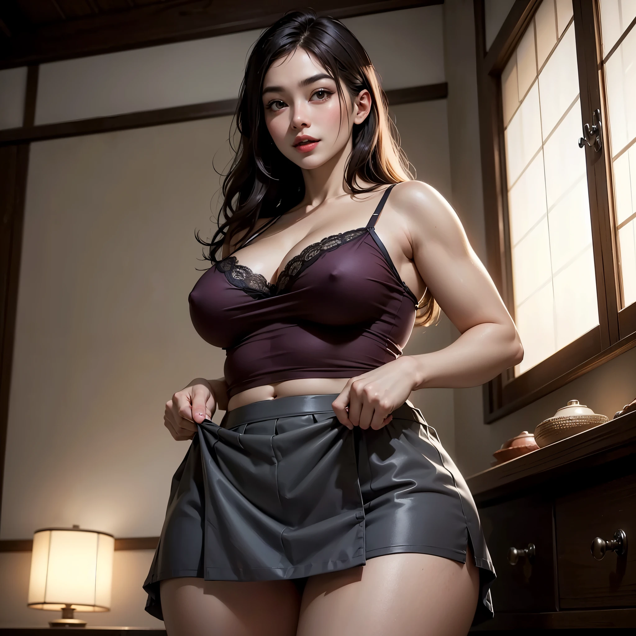 (RAW photo), (Realistic), (photo-realistic), ultra high resolution, masterpiece, highest quality, portrait, facial portrait, perfect lighting, detailed lighting, dramatic shadow, ray tracing, 1 Japanese beautiful lady, 25 years old, round face, Voluptuous, cleavage, plump body type, beautiful detailed brown eyes, chubby lips, red lips, big tits, big ass, big thick thighs, abs, muscle, medium straight hair, black hair, half open mouth, smiling, looking at viewer, ((Camisole:1.2)), ((mini skert:1.2)), (skirt lift:1.3), (from bottom:1.3), in old Japanese room,