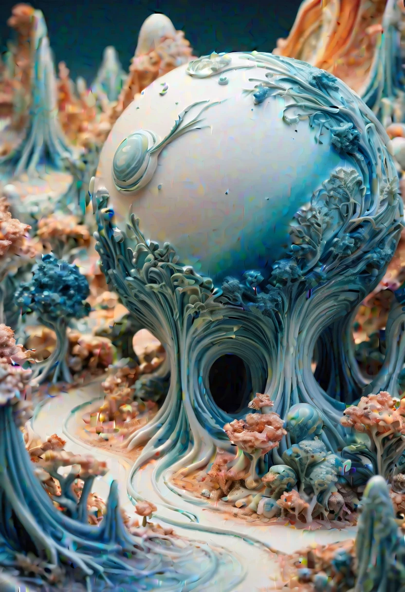 alien planet, porcelain, surreal landscape, vibrant colors, ethereal atmosphere, otherworldly beings, intricate porcelain sculptures, delicate details, fine craftsmanship, hyper-realistic texturesm