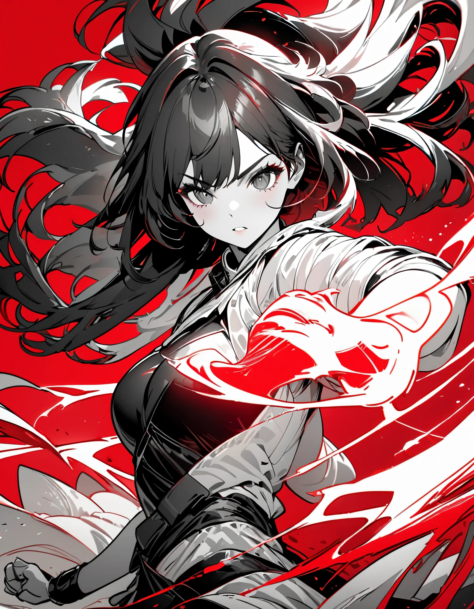 Best quality,masterpiece,1girls,{red and white monochrome},lineart,{dark heme},{{fighting stance}},dynamic hair,dynamic pose,silhouette,red background,simple background,bust,upper body,front view,facing the lens,best quality,amazing quality,very aesthetic,absurdres,monochrome,foreshortening,