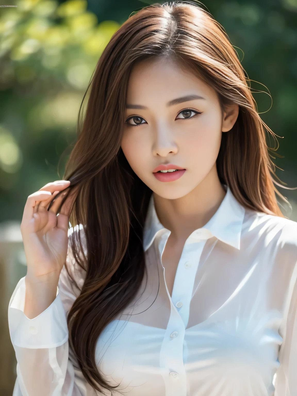 (highest quality, 32K resolution, masterpiece, lively),gorgeous japanese women:1.3,1 girl, (big breasts:1.2), (Transparent shirt), abs, perfect body, super detailed face, lip details, fine eyes, double eyelid, sharp :1.2, beautiful woman with perfect figure :1.4, thin perfect gravure:1.10、sexy pictures:1.7、beautiful limbs、perfect anatomy、A beautiful woman who gets so excited that her nose bleeds、