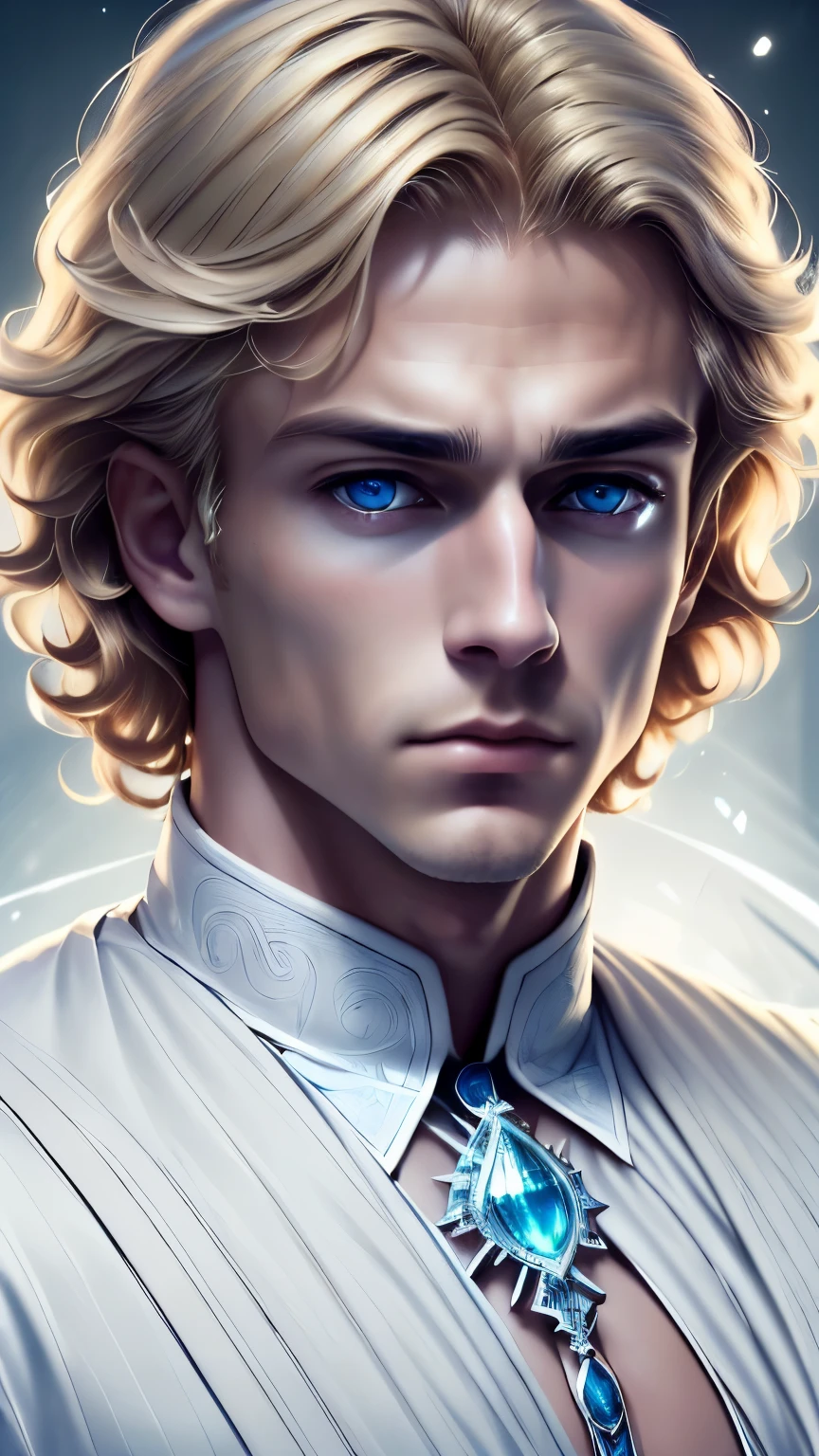 (best quality,ultra-detailed,photo-realistic:1.37), young man, handsome, blond hair, short hair, blue eyes, dressed in exquisite white clothing, with a puzzled expression on his face, wearing a magnificent white suit