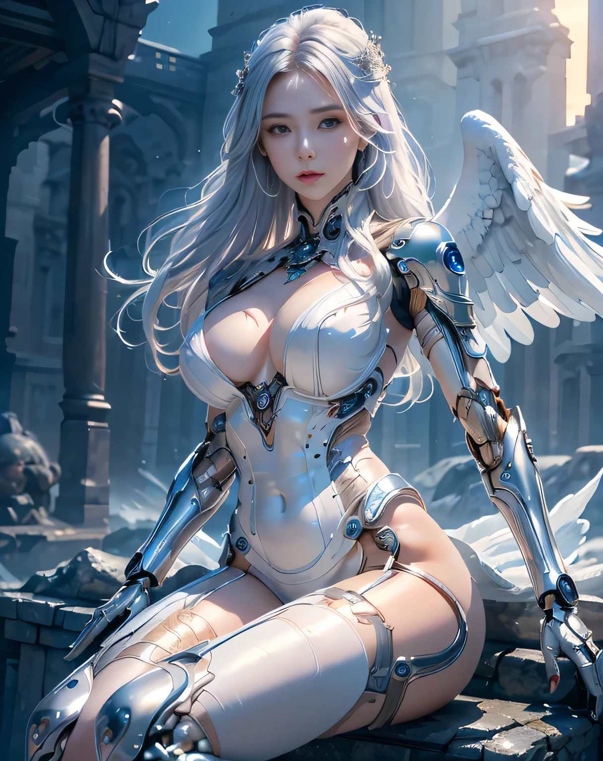 ((top-quality))、((​masterpiece))、(detaileds)、Enchanting Angel、Beautiful angel in the night sky、Fantastic beauty、Perching on the clouds、(fantasy illustrations:1.3)、a captivating gaze、Pose Seductive、Delicate wings、Otherworldly charm、mystical sky、 (By Luis Royo:1.2)、(Yoshitaka Amano:1.1)、Moon Night、Soft colors、(detailed cloudscape:1.3)、(hight resolution:1.2)Complex 3d rendering ultra detailed beautiful porcelain profile female android face、cyborgs、roboticparts、150mm、Beautiful studio soft lights、Rim Light、Vivid details、luxuriouscyberpunk、Ren Hao、surrealistic、Anatomical、face muscles、cable electric wireicrochips、elegent、beatiful backgrounds、Big Red Full Moon、octan render、HR Giger Style、8K、top-quality、​masterpiece、illustratio、extremely delicate and beautiful、A highly detailed、nffsw、unification、wall-paper、（realisitic、Photorealsitic：1.37）、magnifica、Finely detailed、​masterpiece、top-quality、Official art、Highly detailed ticker Unity 8K wallpapers、absurderes、incredibly absurdness、、Silver Halmet、full body Esbian、sitting on、the skin is white, Transparent and beautiful、The viewer is the viewer's gaze、