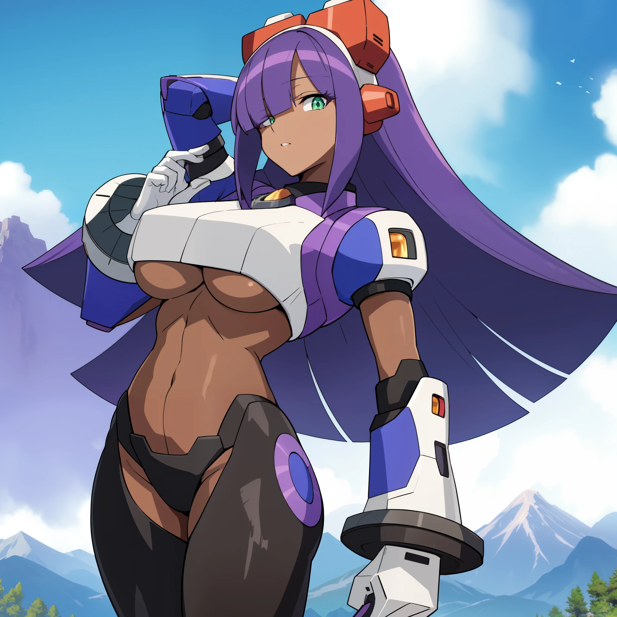 layer_megamanx, 1girl, solo, long hair, purple hair, green eyes, blunt bangs, hair over eyes, large breasts, dark skin, dark-skinned female, android, underboob, robot ears, high quality, masterpiece, standing on a hill with mountains around him, in the style of anime art, imposing monumentality, translucent immersion, grandeur of scale, i can't believe how beautiful this is, light black and azure, grandiose ruins