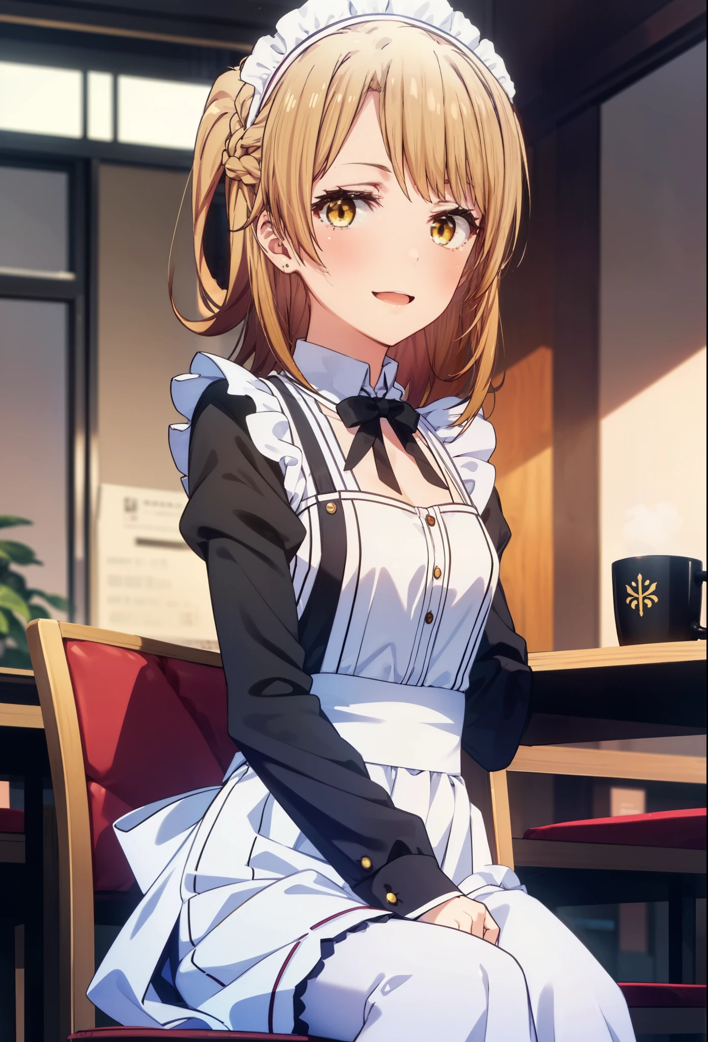 irohaisshiki, iroha isshiki, long hair, brown hair, (brown eyes:1.5), Smile, smile, open your mouth,short braided hair,ponytail,blush,smile,Maid clothes,bare chest,Medium chest,she was wearing a long skirt, black pantyhose, sitting cross-legged on a chair,So that the whole body goes into the illustration,
break indoors, coffee shop,
break looking at viewer,
break (masterpiece:1.2), highest quality, High resolution, unity 8k wallpaper, (shape:0.8), (fine and beautiful eyes:1.6), highly detailed face, perfect lighting, Very detailed CG, (perfect hands, perfect anatomy),