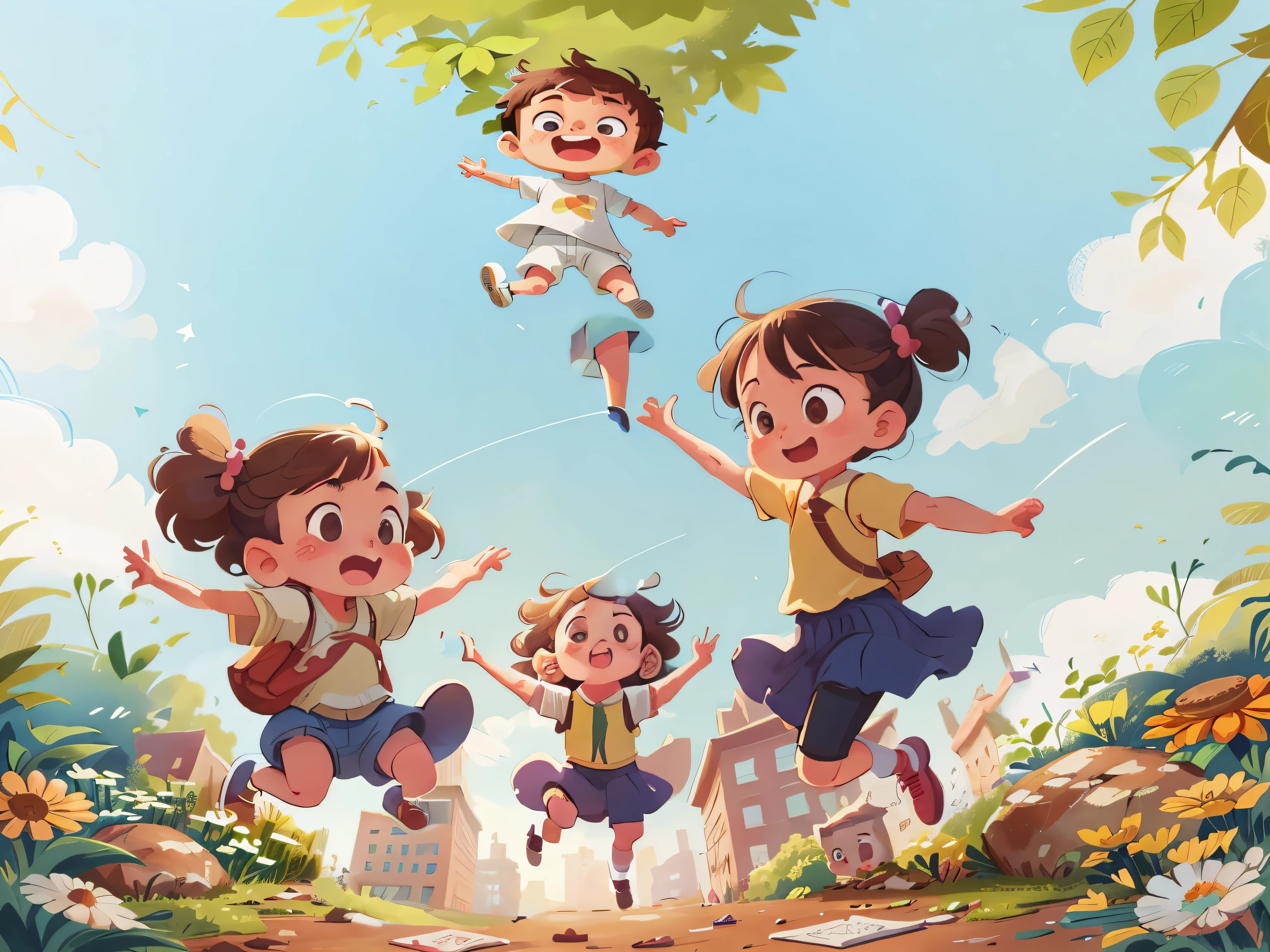 Cartoon illustration of three children jumping in the air in the park, childrens art in artstation, children illustration, A beautiful artwork illustration, Cartoon style illustration, children's book illustrations, children's book illustrations, KIDS ILLUSTRATION, Official illustration, lovely art style, Game illustration, Mobile game art, Official artwork, Cute detailed digital art, children's book illustrations, Children's illustration