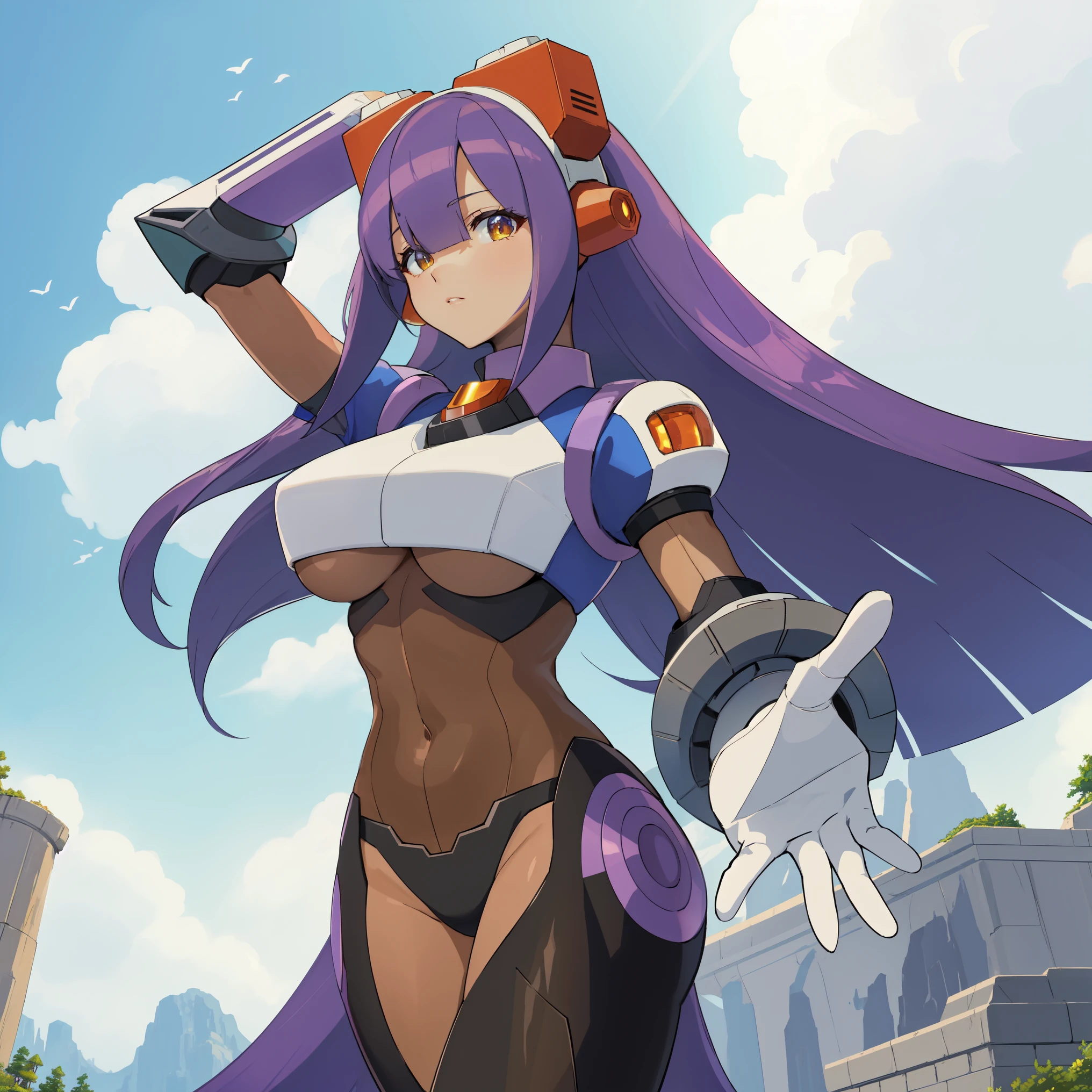 layer_megamanx, 1girl, solo, long hair, purple hair, blunt bangs, hair over eyes, large breasts, dark skin, dark-skinned female, android, underboob, robot ears, high quality, masterpiece, standing on a hill with mountains around him, in the style of anime art, imposing monumentality, translucent immersion, grandeur of scale, i can't believe how beautiful this is, light black and azure, grandiose ruins