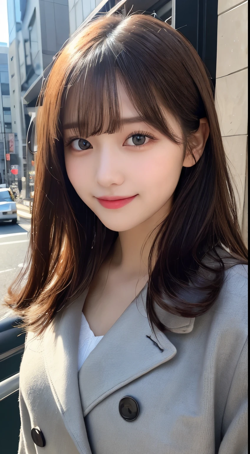 table top, highest quality, shape, Super detailed, finely, High resolution, 8k wallpaper, 完璧なダイナミックな構shape, beautiful and detailed eyes, Gorgeous black fluffy Tokyo winter clothes,ランダムなcute髪,,natural color lip, bold sexy pose,smile、20 year old girl、cute、sexy shot looking at camera,Always blur the background,perfect and beautiful face,Take only the face,Beautiful and dense face、slim face and style,Big eyes、Do gal makeup,small face,Wearing a luxury brand spring trench coat、smile