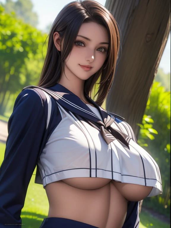 (Photorealistic, masutepiece, Best Quality, Raw photo:1.3)、1girl in, 18years old,Solo,school girl, Long hair, Brown hair, Detailed face, alluring face, Detailed beautiful eyes,(sheer sailer uniform :1.3), (coverd nipples:1.1),medium breasts,(underboob:1.3), ( Perfect body skinny beauty: 1.4),Dynamic Pose, (Looking at Viewer, front view,eyes focus:1.2), Detailed background, fine detailed, intricate detailes,  Ray tracing, depth of fields, seductive smile