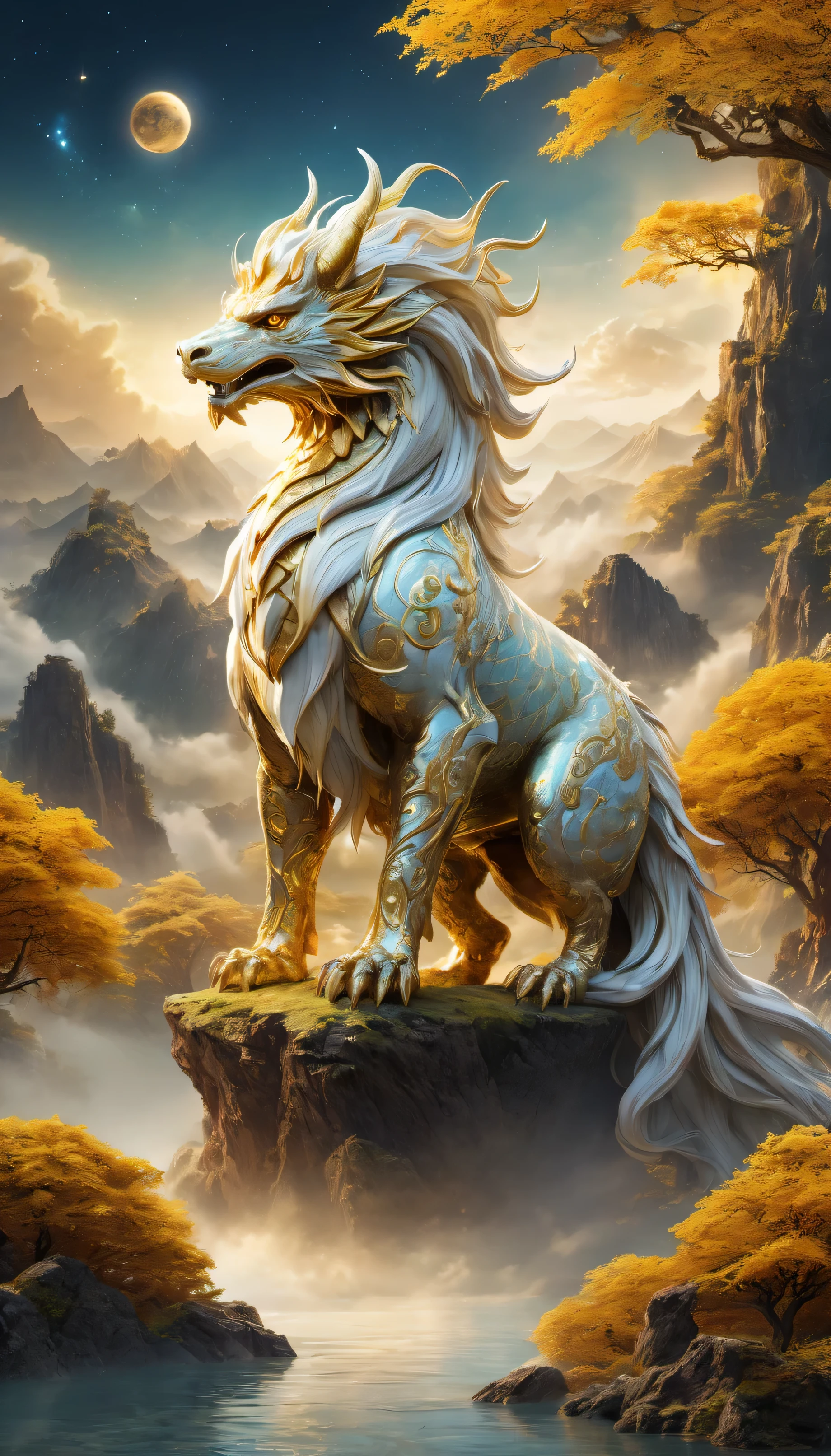 ((Golden:1.4)), (mythical creatures) , (sacred existence), (legendary creatures), (myth), (Kirin), (Xuanwu), (Qinglong), (white lake), (juke), (majestic), (powerful), (Mysteriouythical), (amazing), (magical), (ethereal), (It was magic), (sacred), (majestic), (mythical realm), (Mysteriouyth-like beastyth-like landscape), (sky), (extraordinary), (magic), (otherworldly), (Ancient), (eternal), (majestic), (Spectacular), (awe-inspiring), (universe), (on the sky), (mythical creatures:1.1), (amazing details), (very detailed), (Bright colors), (ethereal light), (amazing scenery), (divine essence), (fascinating), (mythical atmosphere), (masterpiece:1.2), (super detailed), (inspired by god), (wonderful), (ethereal beauty), (mythical storieysterious legends), ((in front:1.4))