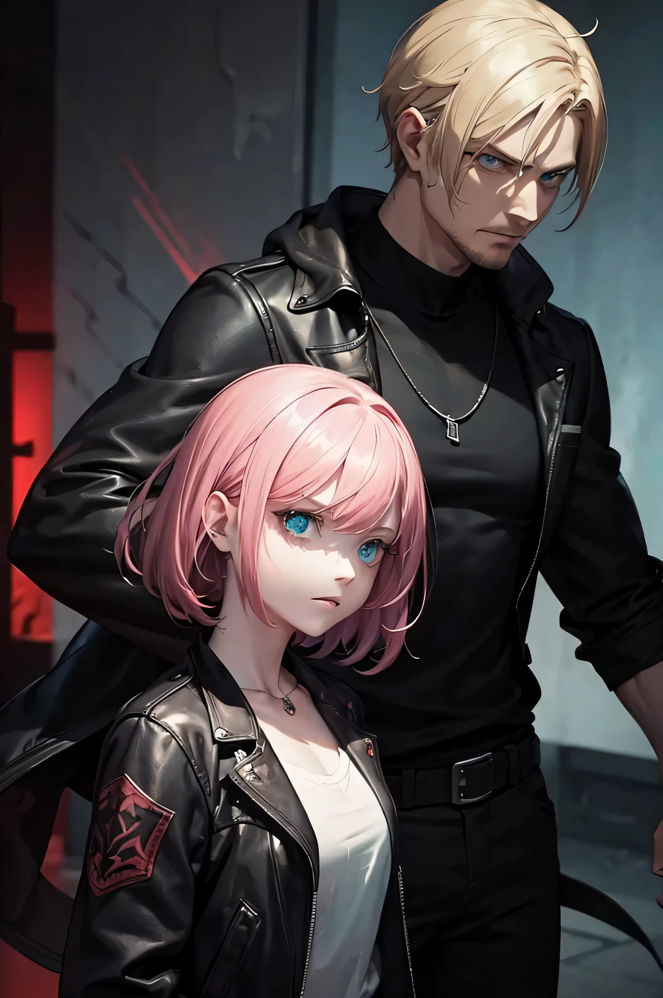 Duo of a man and a woman killer,Abstract style:1.1, 2 CHARACTERS. A man with light yellow hair and blue eyes, in a brown sweatshirt and brown trousers, Girl with short pink hair and turquoise eyes, She is wearing a black leather jacket, purple blouse and black pants. dark background,sharp focus,visceral violence,bright colors,A high resolution,studio lighting,very detailed description, physically based rendering,horror,Red accents,ominous lighting,Threatening Expression,Sinister atmosphere,powerful and detailed weapons, blood spatter,Evil smiles,Unsettling Presence,dramatic shadows.