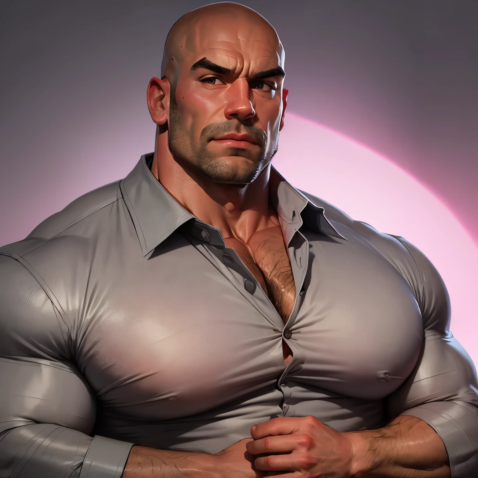 an exaggeratedly muscular and large bald bodyguard, (ripped collared grey shirt: 1.2), (exposed pecs: 1.1), (bara pecs: 1.3), (hairy chest: 1.2), portrait HD, pink background light