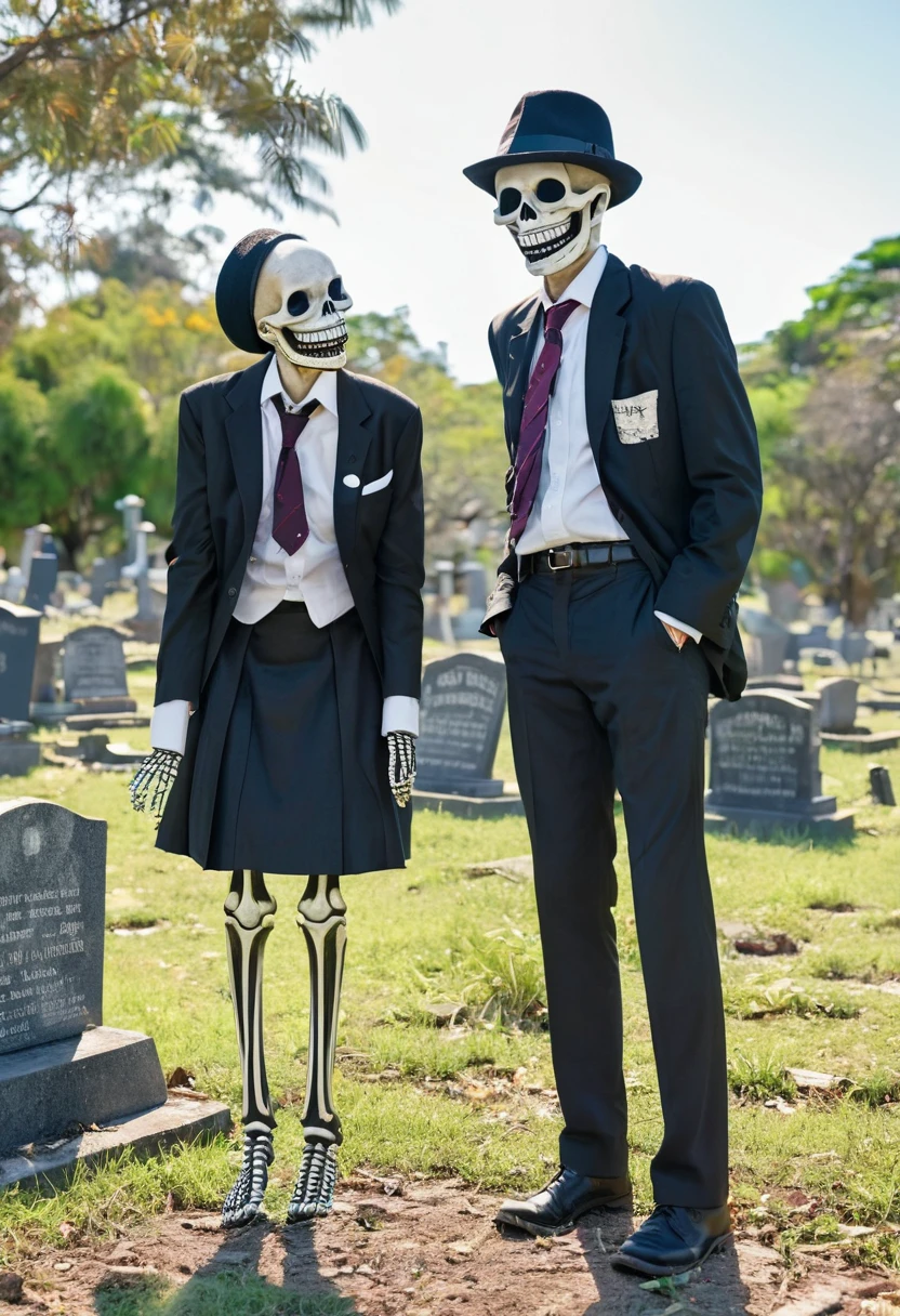 Skeletons laughing in a graveyard, katakata withered laughter, hat and clothes, cutter shirt and tie, science comical fiction.