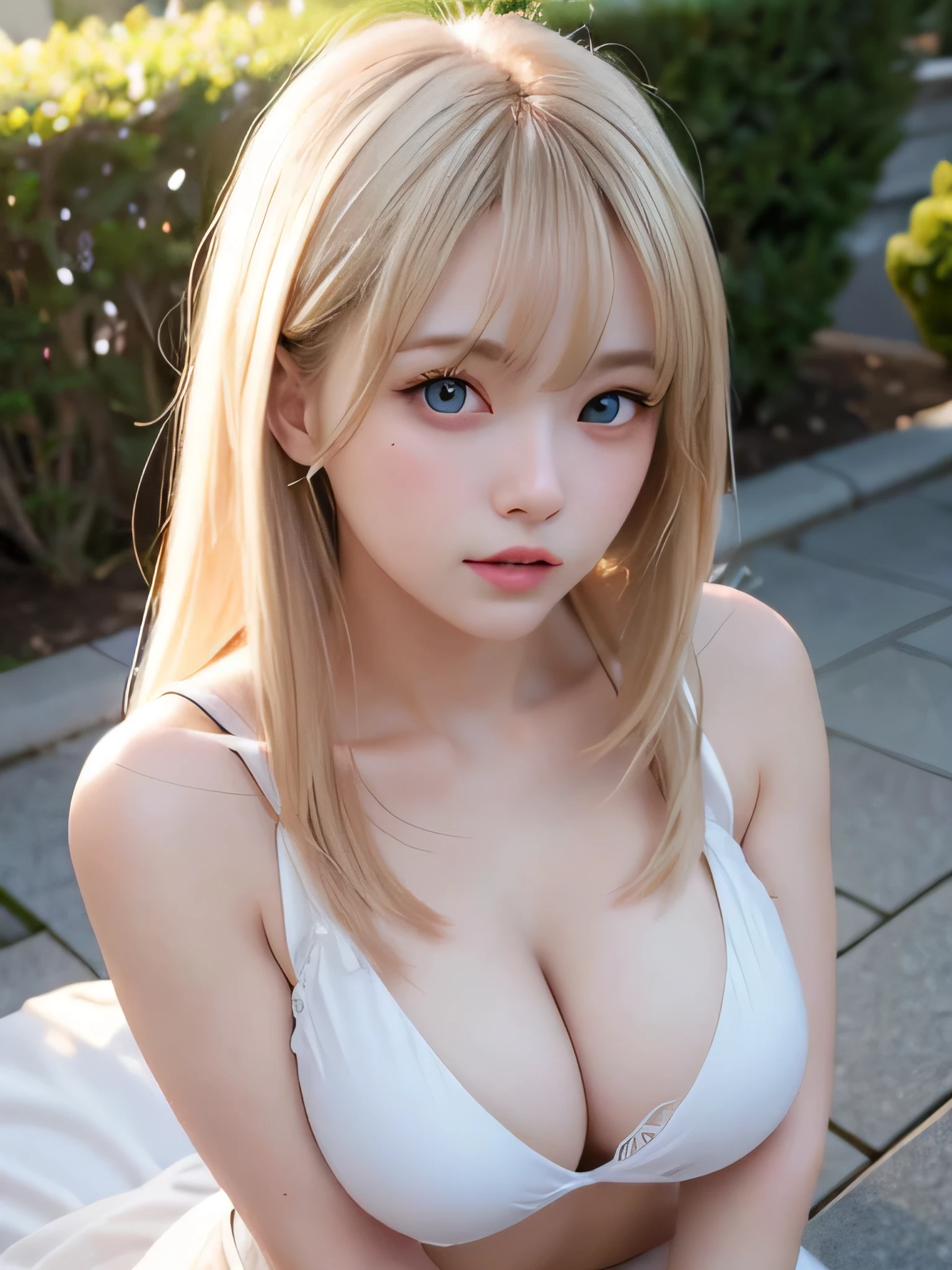 8K,highest quality, table top, Super detailed, 超A high resolution, realistic, Raw photo, absurd, absolute resolution, 1 girl, alone, looking at the viewer,young beautiful japanese woman, super cute face, luxurious appearance, big breasts , smile、 double eyelids in both eyes, natural makeup, long eyelashes, Shiny and smooth light brown long bob hair, asymmetrical bangs, shiny skin, center image, High resolution, high detail, detailed hairstyle, detailed face, great movie lighting, Super realistic, perfect limbs, perfect anatomy、very big o cup breasts、well-shaped chest 、show your chest、silky shiny skin、sexy,very beautiful nice face、Cute gorgeous face、gorgeous blonde silky hair、pale blue eyes、Bangs swaying in front of the face、Beautiful and cute 28 year old woman、big and full breasts、wearing white panties、she spreads her legs wide and flaunts、cherry blossom park、posture of sitting on a bench、showing very big breasts、Plump、super glamor、Are fat、bigfoot、big body、Chubby、beautiful thighs、Low - Angle、Scene looking up from below、Chubby weighs 120 kg、Fat guy、nude、