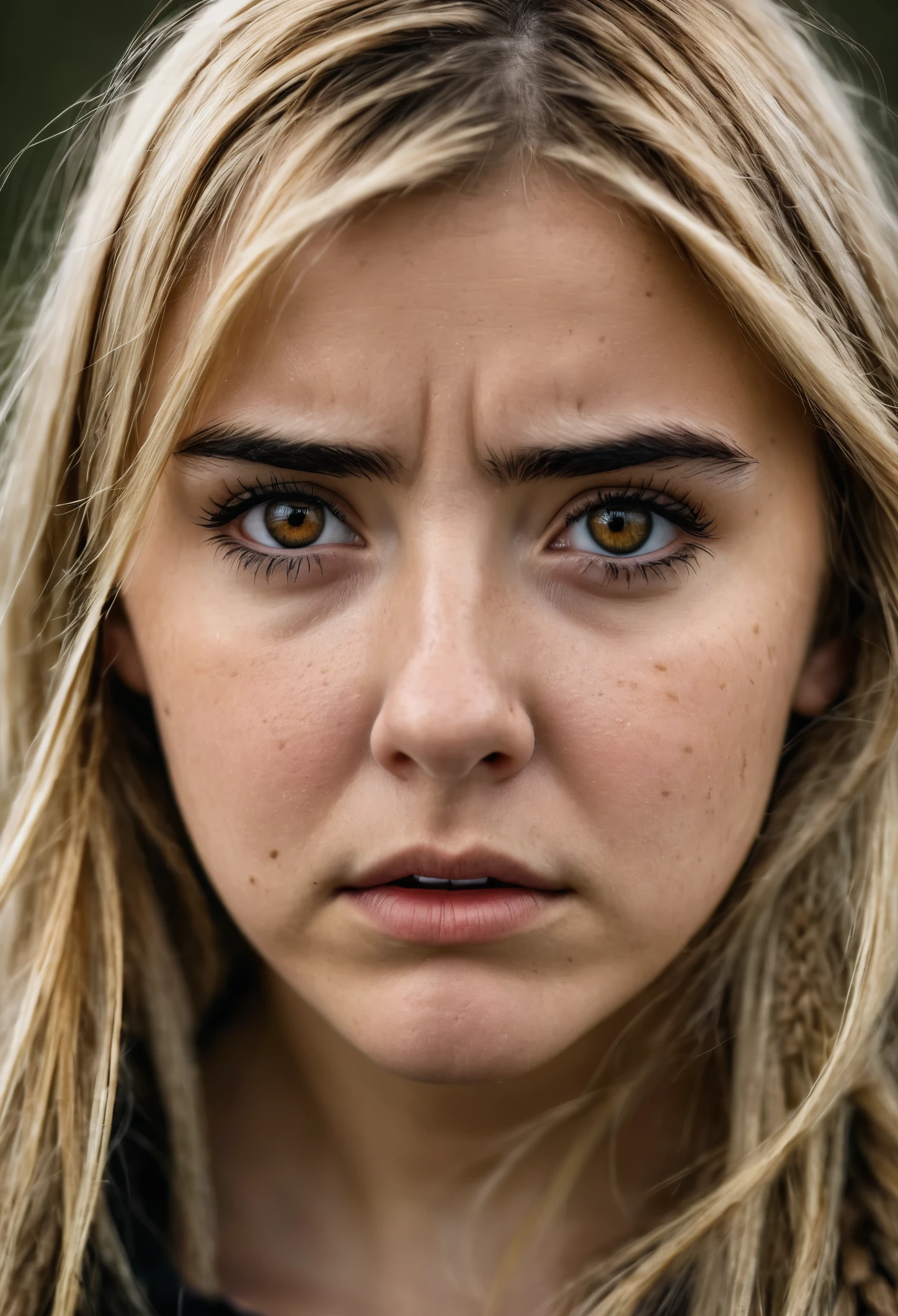 Senior girl with upset expression, con cabello rubio oscuro, ojos avellana, vestimenta nordica, cicatrices en el rostro, en el estilo de Vinland Saga