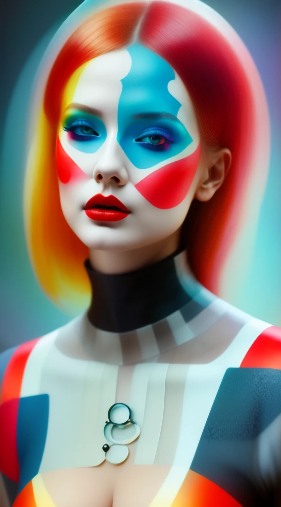 Create an image of a stunning digital painting depicting a girl with geometric face paint, Minimalist mixed media high gloss acrylic on silk aesthetically pleasing Anamorphosis 3d bas relief intaglio spiralic motion generator with transparent cyberpunk analog clock face ruby red lips and eyeball MC Esther, Mondrian, sf, intricate artwork masterpiece, ominous, matte painting movie poster, golden ratio, trending on cgsociety, intricate, epic, trending on artstation, by artgerm, h. r. giger and beksinski, highly detailed, vibrant, production cinematic character render, ultra high quality model