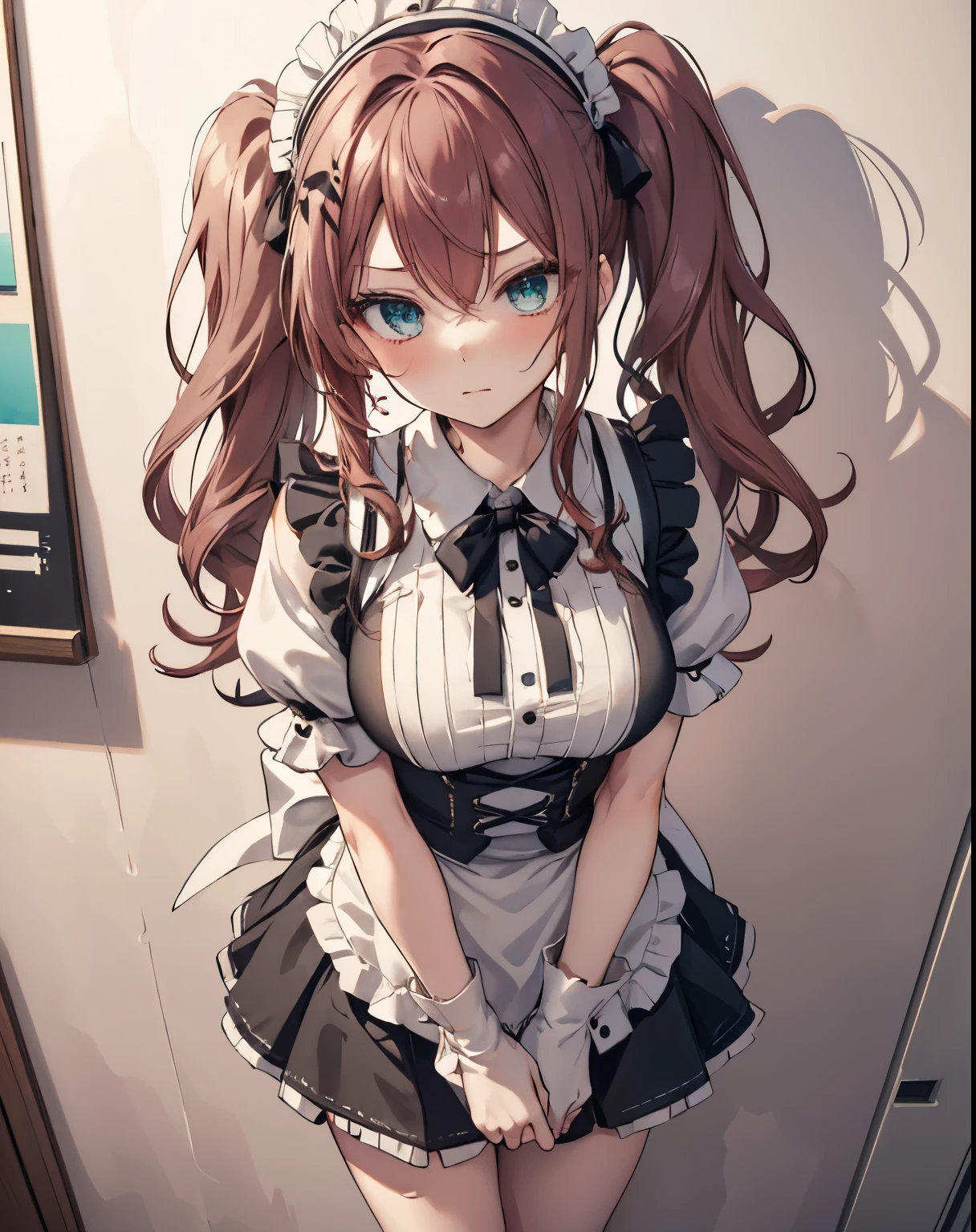 masterpiece,1girl, sparrow, a crimson haired girl, wearing a maid uniform, twintail, curly long hair, messy hair, black skirt, slim body, she eat the food, medium breasts, she close her left eye, shirt ornament, ppai, angry expression, beautiful breasts, rounded breasts, aqua eyes, cute maid dress, miniskirt, cream on body, view from above, (she lean to the wall:1), she look above, kabedon pov, grab own breasts