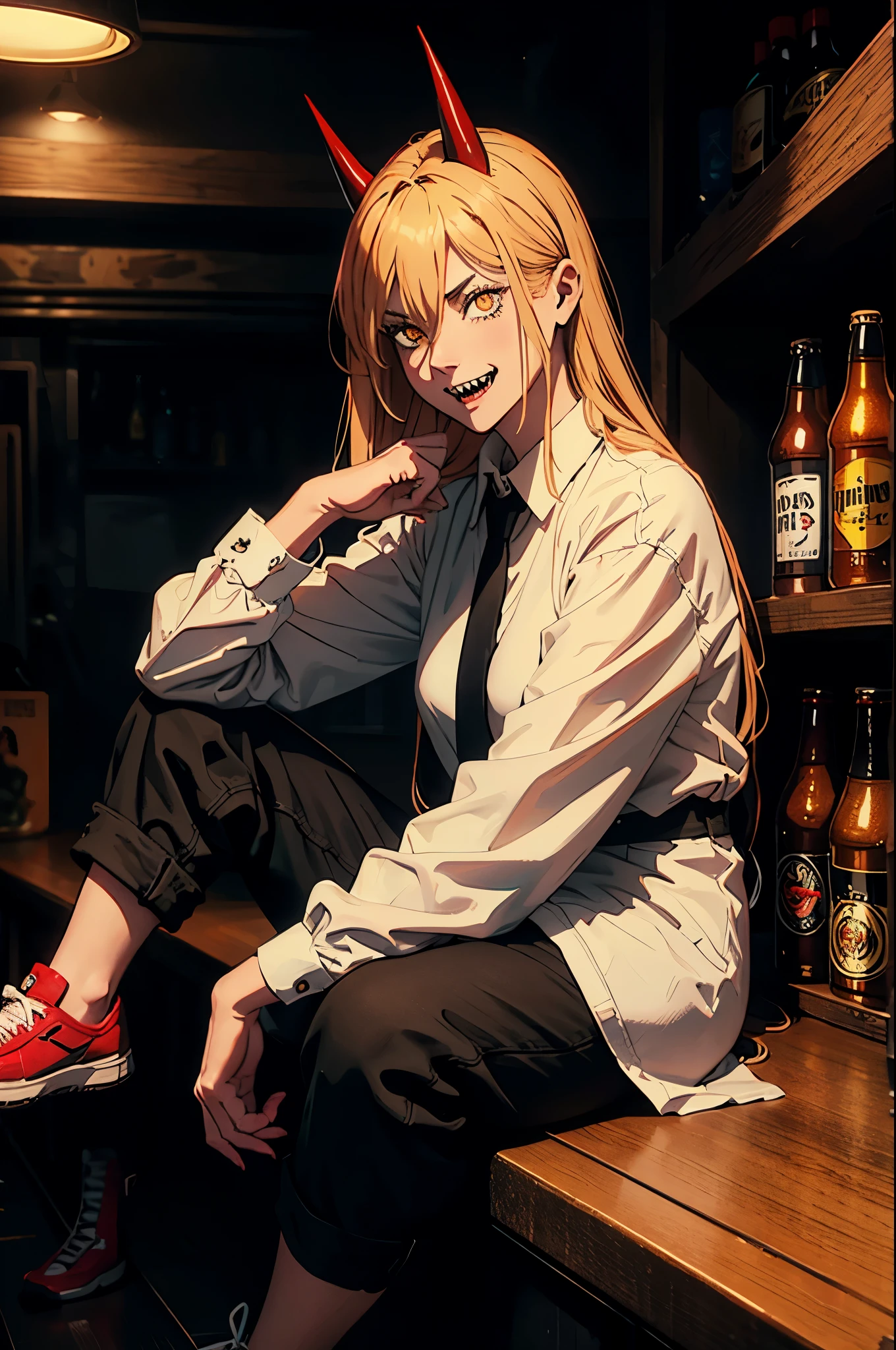 power from chainsawman, yellow vivid eyes, with her iconic two red horns on top her head, fangs, sharp teeth, wearing loose white long sleeve, black tie, black dark business pants, white canvas shoes, sitting, party setting, holding beer, beer bottles littered, beer bottles on tables, bar setting, indoors, smiling, excited, busy bar, windows, nighttime, full moon