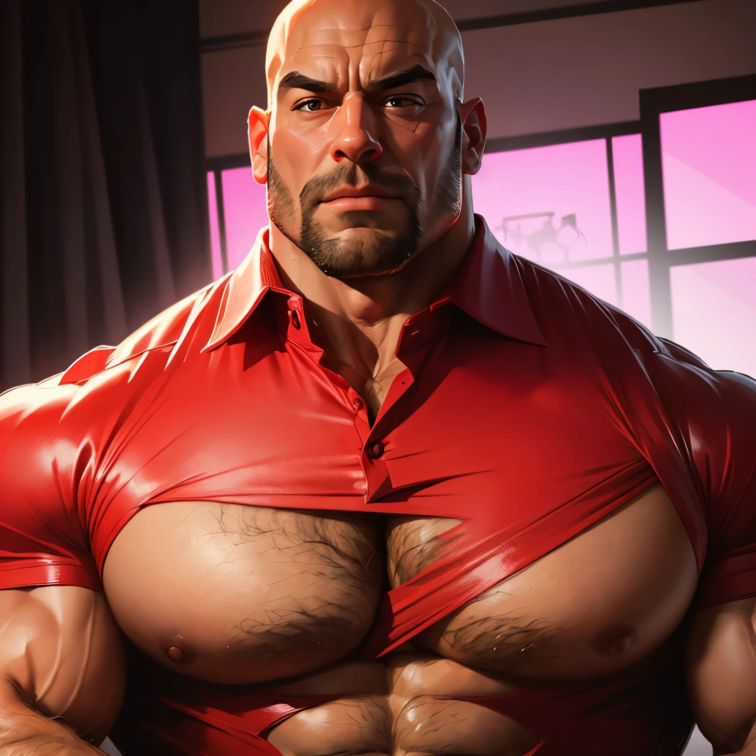 an exaggeratedly muscular and large bald bodyguard, (ripped collared red shirt: 1.2), (one exposed pecs: 1.1), (bara pecs: 1.3), (hairy chest: 1.2), portrait HD, pink background light