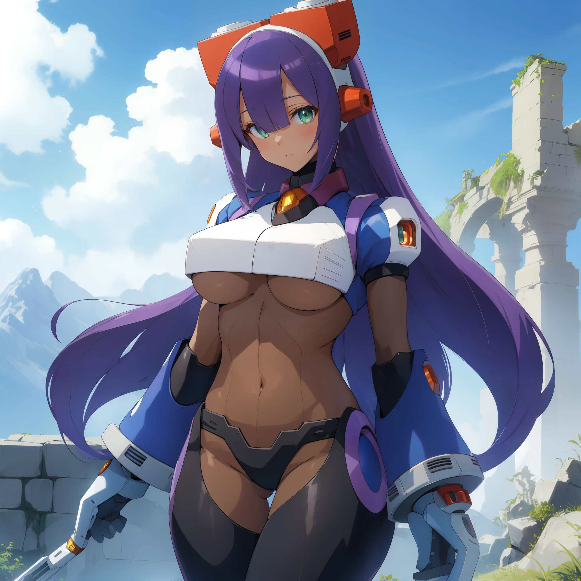 layer_megamanx, 1girl, solo, long hair, purple hair, green eyes, blunt bangs, hair over eyes, large breasts, dark skin, dark-skinned female, android, underboob, robot ears, high quality, masterpiece, standing on a hill with mountains around him, in the style of anime art, imposing monumentality, translucent immersion, grandeur of scale, i can't believe how beautiful this is, light black and azure, grandiose ruins