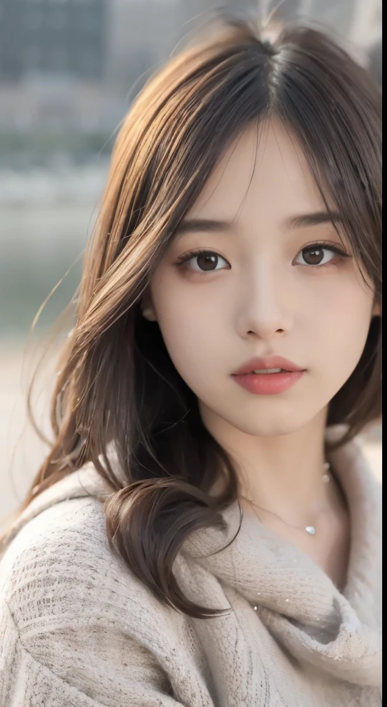 a girl walking on the river, mix 4, sweater, pillow, lips, Open_mouth, realistic, photograph_\(Moderate\), alone, Packed_animal, Packed_toy, teddy_bear, (masterpiece), (realism: 1.3), Super detailed, (high detail skin: 1.2), (highest quality: 1.0), (super resolution: 1.0), (Ulzzang-6500: 0.3), wavy detailed hair, long hair, sunlight, (beautiful detail makeup), (sexually aroused blush, heavy breathing: 1.0), Flower theme petals are scattered, (soft light flower: 0.5)