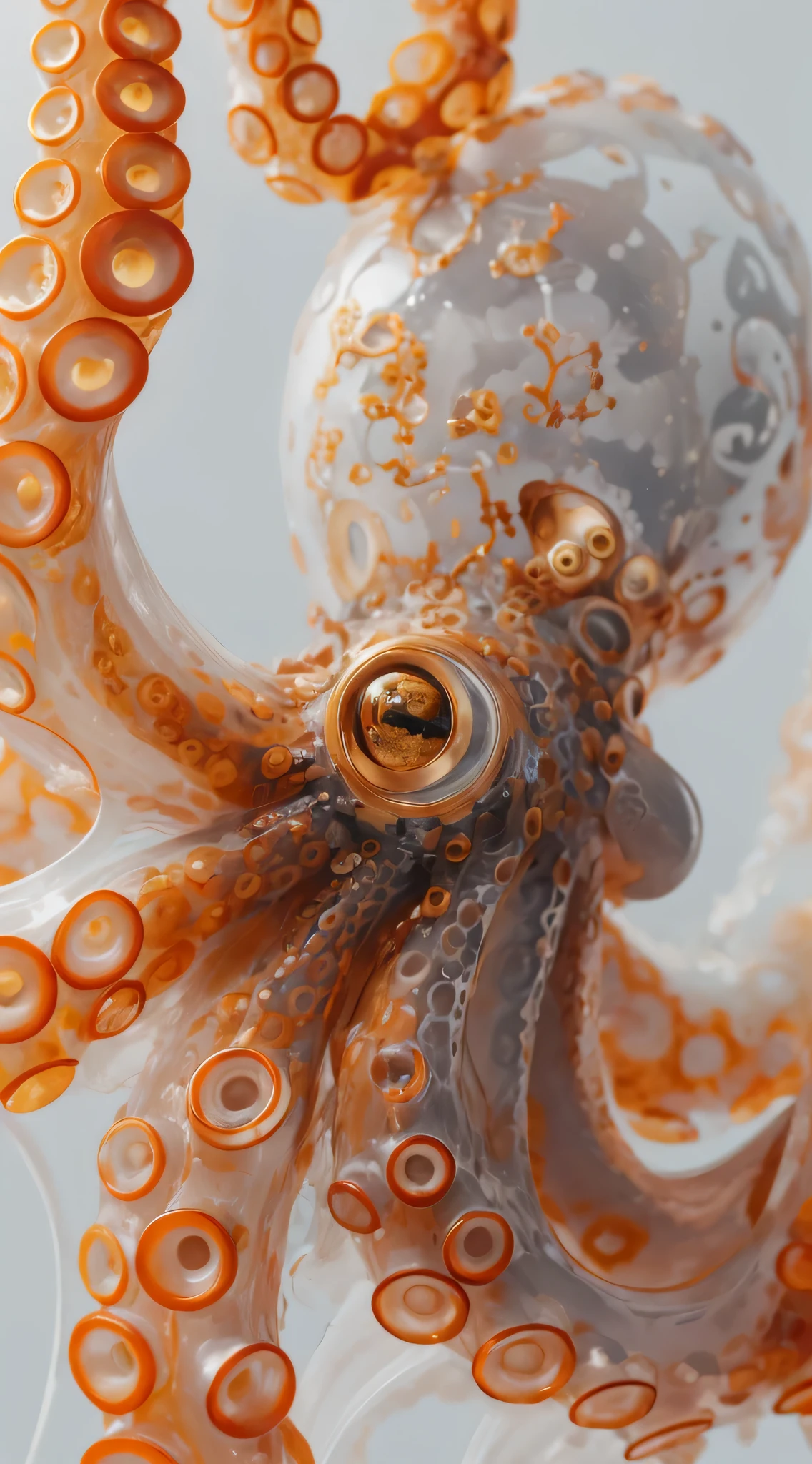 (best quality, ultra-detailed, 8k, uhd:1.2), the xray image of a octopus has been taken,close up, only show part of the object, in the style of mori kei, precisionist art, plastic, deconstructed minimalism, atmospheric gold, elegantly formal, workshop, white background, professional product phorography, 8K