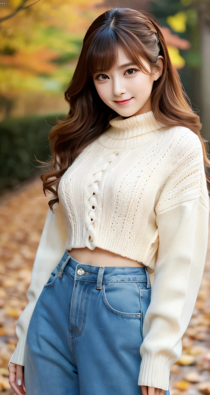 [masterpiece] table top, highest quality, shape, Highly detailed and finely crafted, High resolution 8K wallpaper, Japanese style,
Dynamic and beautiful form, Sharp features, Full body image of a 20 year old girl wearing autumn clothes, oozing sex appeal,
Wavy hair flows softly around the face, cute expression, natural color lip, bold, Sexy pose with a seductive smile,
Harajuku fashion aesthetics, exuding confidence and charm, [masterpiece]