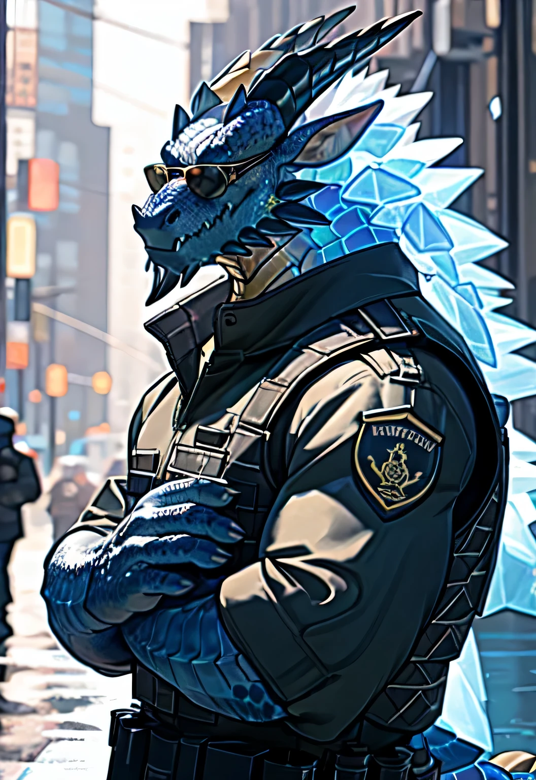 (actual,city background, Detailed background, masterpiece, simple lighting, night,)(black dragon, (white fur), pointed ears, inner ear hair, fluffy fur, ((There are blue hexagons on the body)), black body,Proton Observer, , (((dragon))), torso , back , ((with rifle in hands)), (Bulletproof vest))，There are scars on the face，With sunglasses on his head，military uniform，The eyes are fierce。