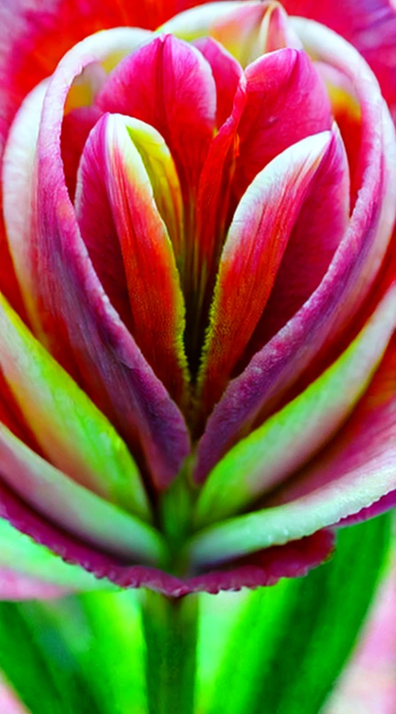 Vibrant tulip unfurling petals in red and pink hues, mesmerizing color blend, blooming flower illusion, impeccable clarity captures velvety texture, subtle petal gradation, stamen and pistil intricacy, high-quality photo evoke ephemeral floral allure, ultra realistic, vivid colors, highly detailed.