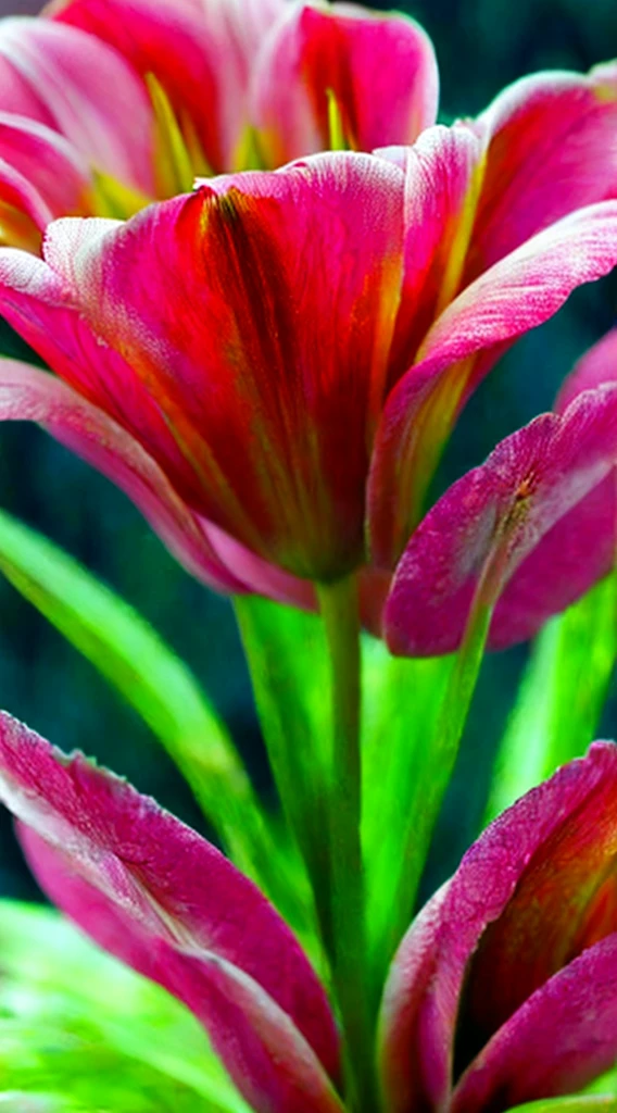 Vibrant tulip unfurling petals in red and pink hues, mesmerizing color blend, blooming flower illusion, impeccable clarity captures velvety texture, subtle petal gradation, stamen and pistil intricacy, high-quality photo evoke ephemeral floral allure, ultra realistic, vivid colors, highly detailed.