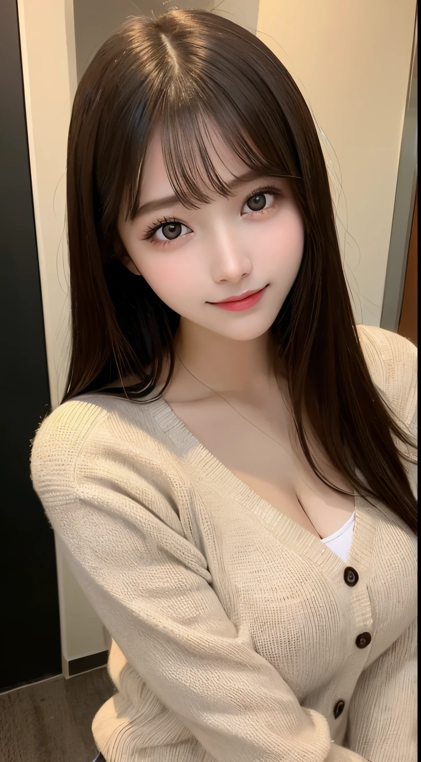 table top, highest quality, shape, Super detailed, finely, High resolution, 8k wallpaper, 完璧なダイナミックな構shape, beautiful and detailed eyes, straight hair, small breasts, natural color lip, random sexy pose,smile,20 year old girl、midnight、Beautiful and dense face、perfect and beautiful face,Big eyes、Raw photo、Expressing feminine poses with your whole body、beautiful and detailed eyes、small face、beautiful duplex、slim face and style,beautiful golden ratio face、cardigan、blouse、flare skirt