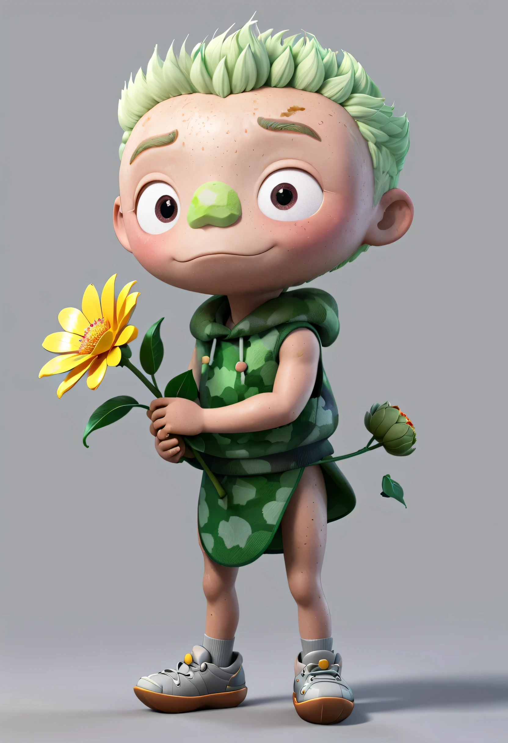 clod, cartoon 3d character concept art, clod standing on knee and holding a flower, view from the side, grey background