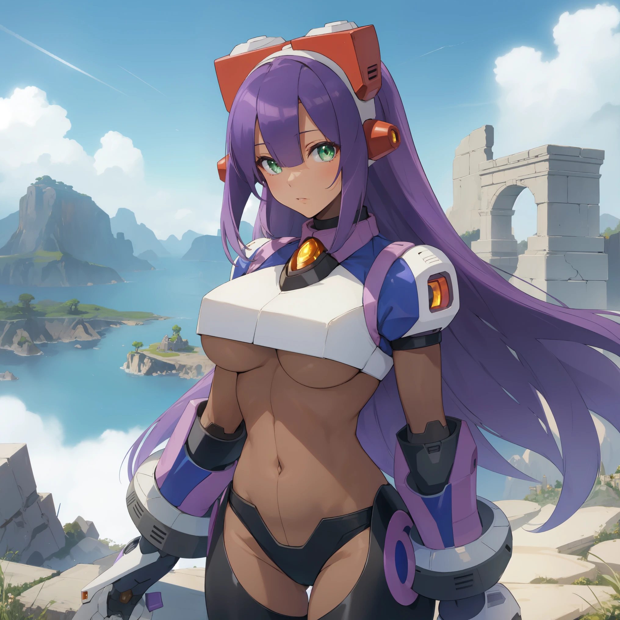 layer_megamanx, 1girl, solo, long hair, purple hair, green eyes, blunt bangs, hair over eyes, large breasts, dark skin, dark-skinned female, android, underboob, robot ears, high quality, masterpiece, standing on a hill with mountains around him, in the style of anime art, imposing monumentality, translucent immersion, grandeur of scale, i can't believe how beautiful this is, light black and azure, grandiose ruins