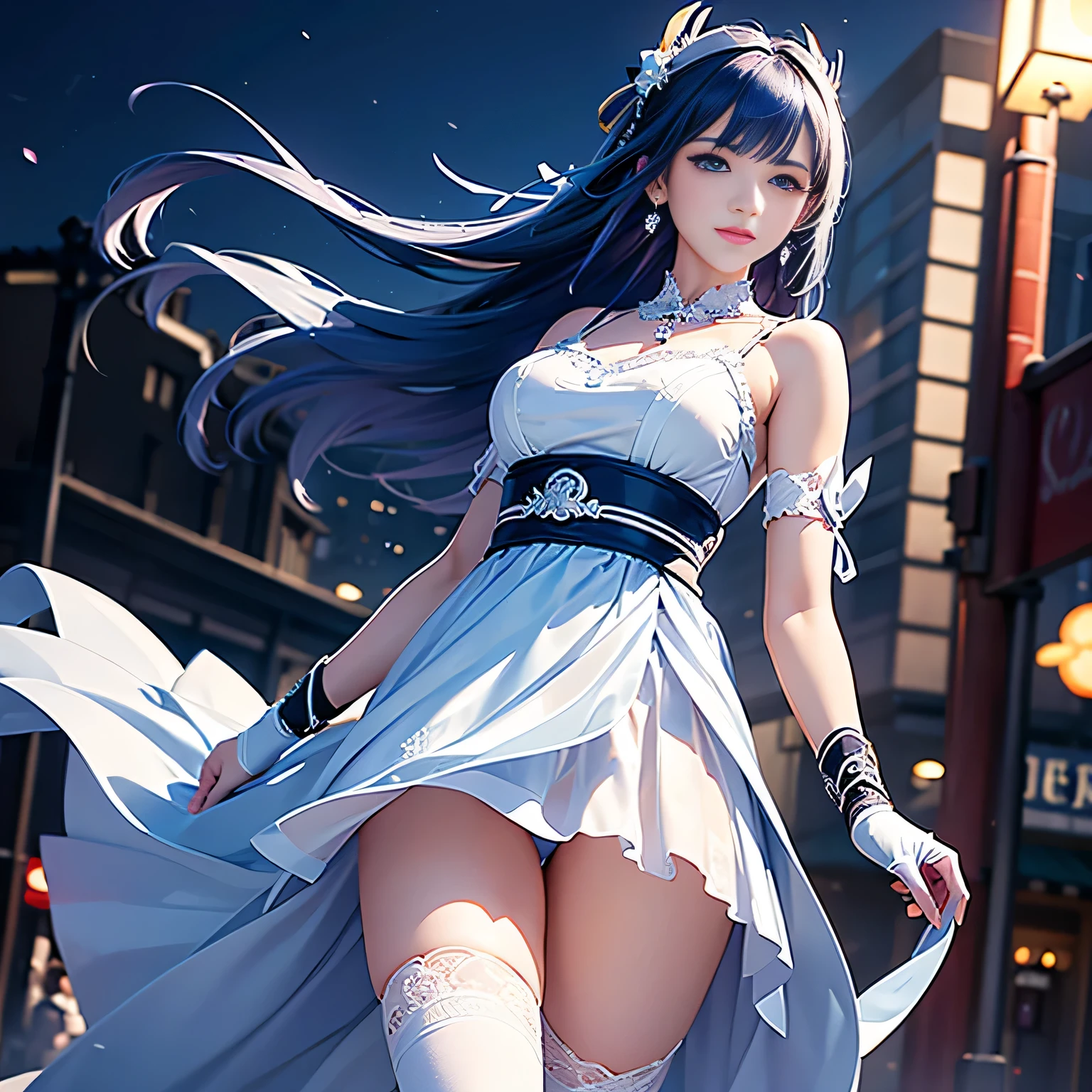 Vulgar,low angle,from below,very windy,skirt lift,panty shot,((white elegant beautiful panties)),(1girl),(Raiden Shogun in Genshin Impact), ((masterpiece, highest resolution,best quality)), (beautiful illustration),(semi long beautiful dark blue hair),(beautiful blue eyes), (white elegant see through camisole), (looking at the viewer),
innocent smile, white over-kneehighs,Lace chalker, wristband, fingerless gloves, over-kneehighs,
Lace chalker, diamond necklace,wristband, fingerless gloves, earrings, windy,cinematic lighting, night, neon,entertainment street,