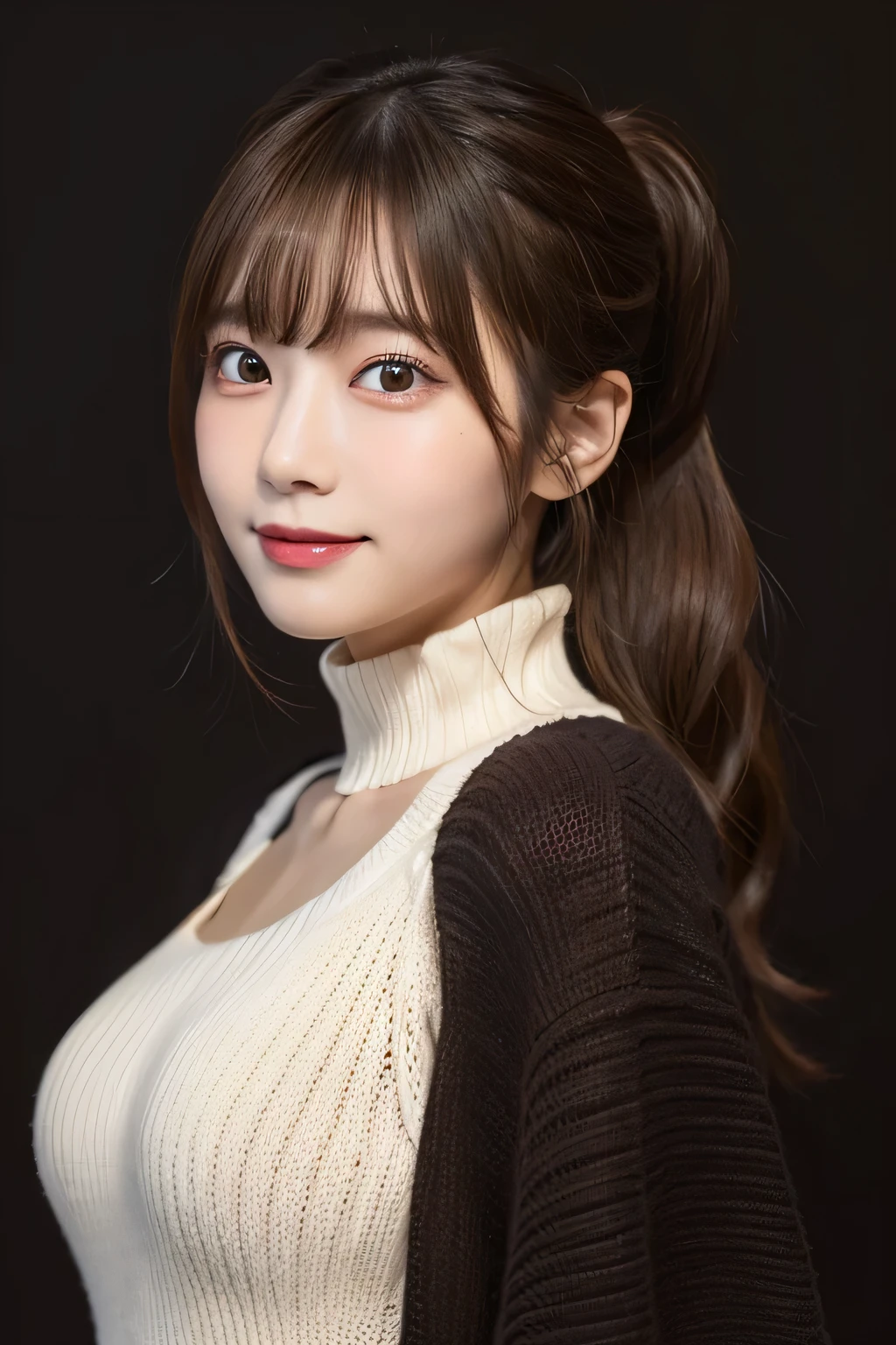 masterpiece、1 beautiful girl、detailed eye、puffy eyes、highest quality, 超A high resolution, (reality: 1.4), movie lighting、Japanese、asian beauty、Super beautiful、beautiful skin、Slender、body turns forward、(surreal)、(High resolution)、(8K)、(very detailed)、(beautiful detailed eyes)、(super detailed)、 (wall-)、(natural smile）、detailed face、bright lighting、professional lighting、looking at the viewer、look straight ahead、(The costume is a knit dress)、ponytail, hair is dirty, asymmetrical bangs, 、night scene、brown hair、japanese idol、korean idol、Gravure idol pose、、19 years old、expensive,