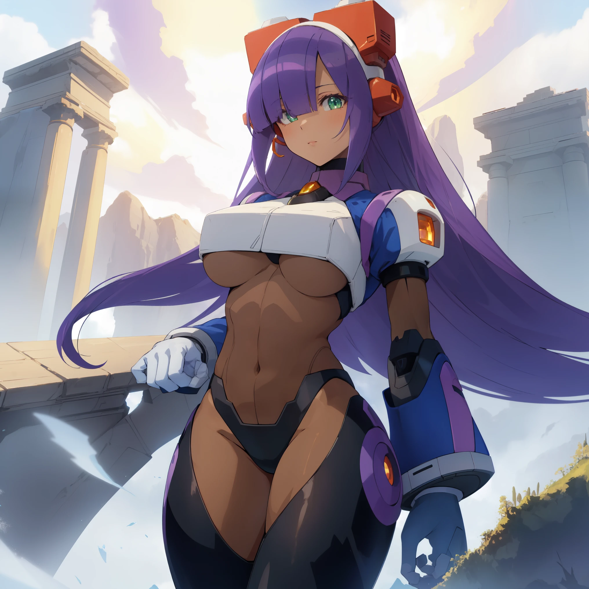 layer_megamanx, 1girl, solo, long hair, purple hair, green eyes, blunt bangs, hair over eyes, large breasts, dark skin, dark-skinned female, android, underboob, robot ears, high quality, masterpiece, standing on a hill with mountains around him, in the style of anime art, imposing monumentality, translucent immersion, grandeur of scale, i can't believe how beautiful this is, light black and azure, grandiose ruins