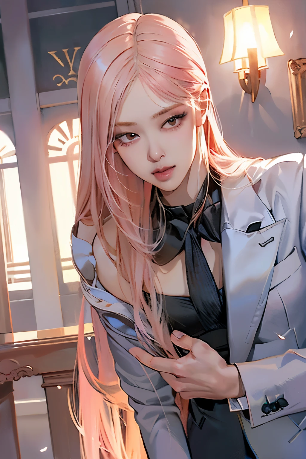 (masutepiece, Digital Art, Digital Illustration, 4K, 8K, Ultra-detailed, beautiful image, Sharp Image, Photorealistic, Raw photo, Perfect face, Perfect lines, Perfect eyes, Soft lighting) 1 woman, (Long pink Hair,straight haired,Bullish gaze,Beautie,Woman in suit,Solid makeup,23 y-o woman Rose,A slender、small tits:1.3),Secretary, Two handsome men in suits, (ember,Men in suits,well-muscled,Firm shoulder width,Adult male,Boyish hairstyle,English gentlemanly style,Man in his 30s with a cool expression,28-year-old man with bright smile:1.2),Office scene at night,Antique furnishings,Antique chair,chandeliers,Parti、a couple、couple kissing、kiss、the kiss、Romance、loves it、kiss、a couple、couple kissing、Romance、Romance、ssex、have sex、Wet pubic area、insert 、Rape、Overflowing、solo,Full body painting,(One Girl And One Man,Having sex:1.5),(ember,Adult male,Rubbing the girl's boobs:1.2),Cheek dyeing、gasping face、embarrassed、boredom、begging、Unhappy、Greedy expression,Wet pubic area、 xen