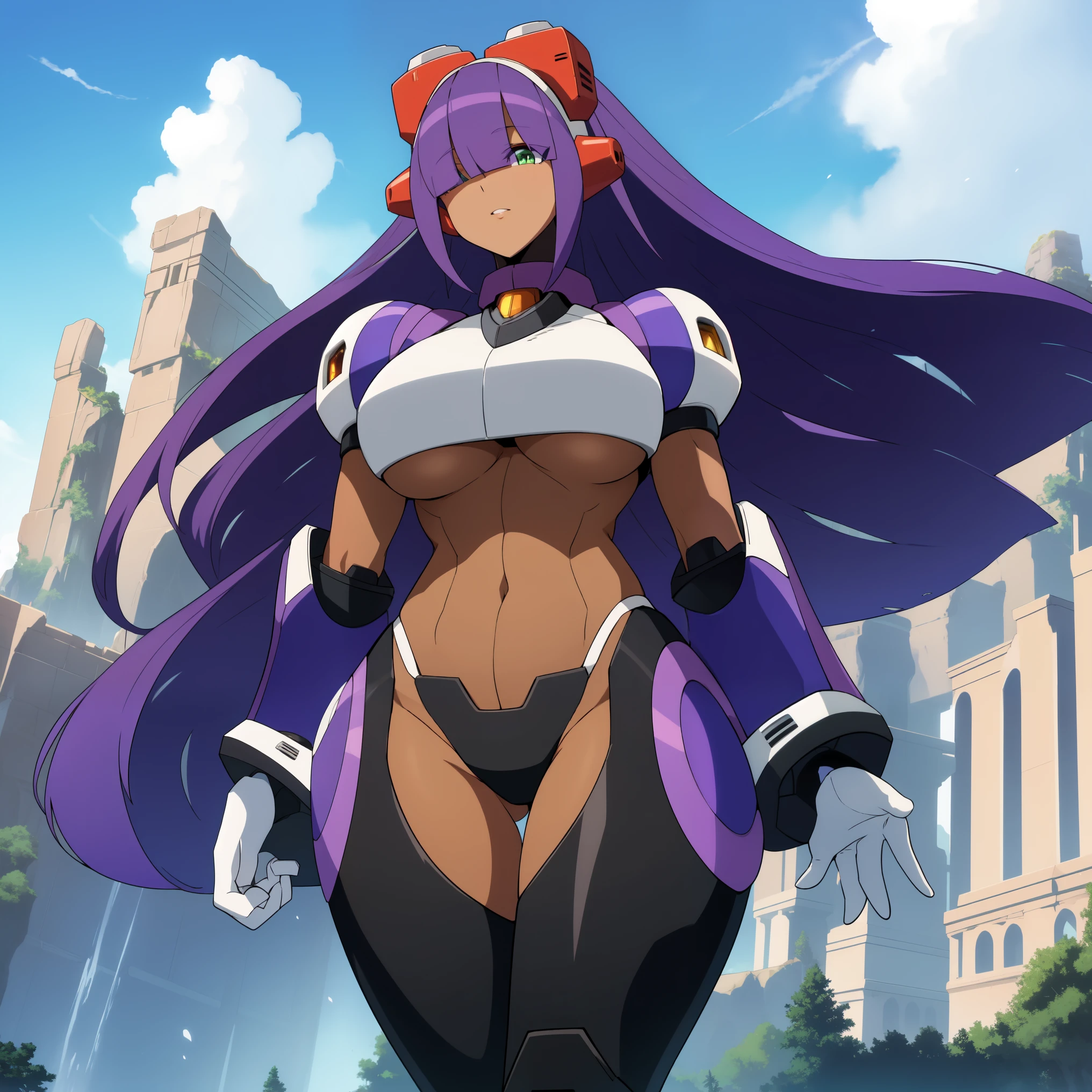 layer_megamanx, 1girl, solo, long hair, purple hair, green eyes, blunt bangs, hair over eyes, large breasts, dark skin, dark-skinned female, android, underboob, robot ears, high quality, masterpiece, standing on a hill with mountains around him, in the style of anime art, imposing monumentality, translucent immersion, grandeur of scale, i can't believe how beautiful this is, light black and azure, grandiose ruins