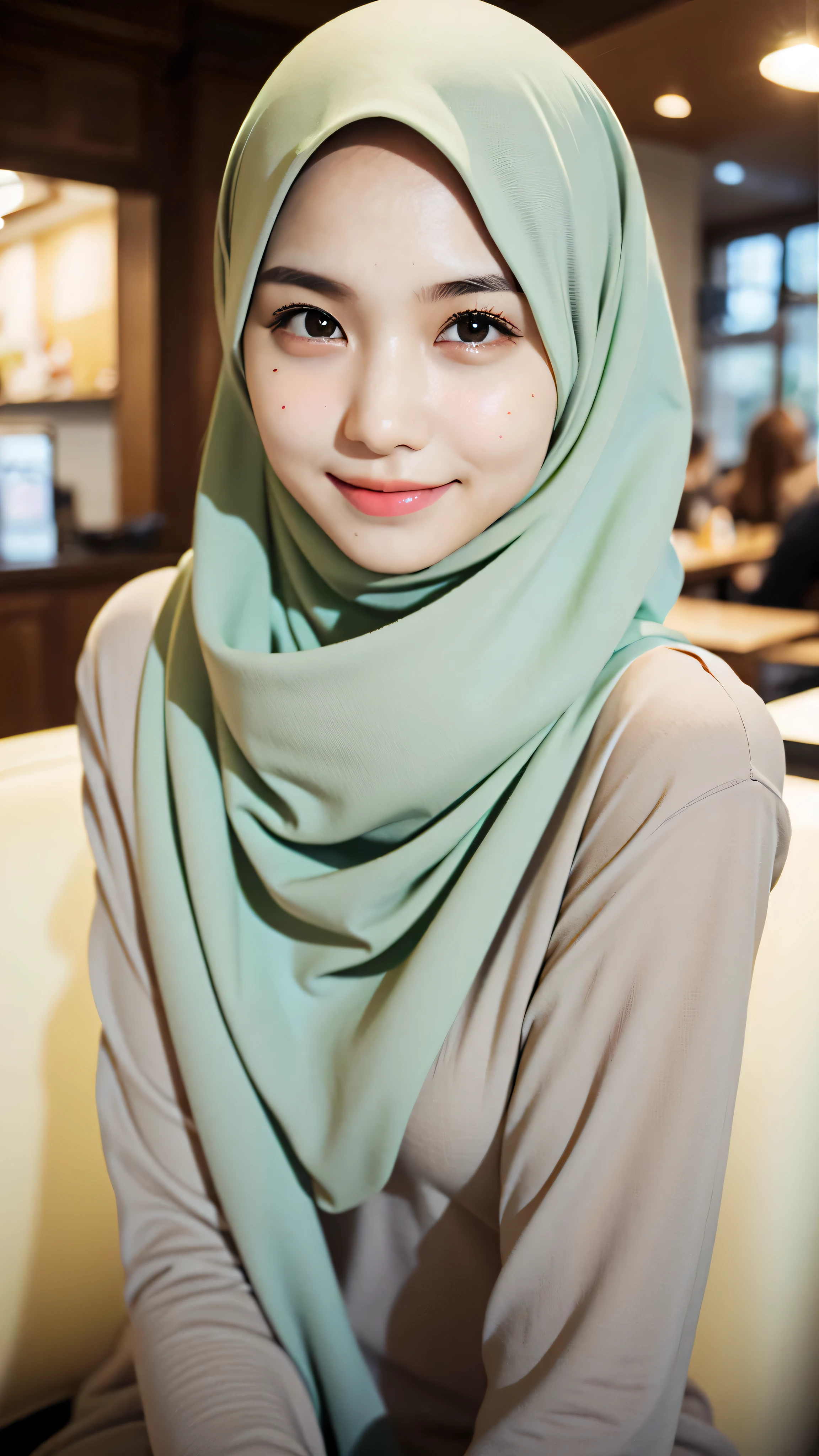 ((best quality)), ((masterpiece)), 1 girl, perfect face, indonesia, hijab, sharp nose, smile, half body, sits in a cafe