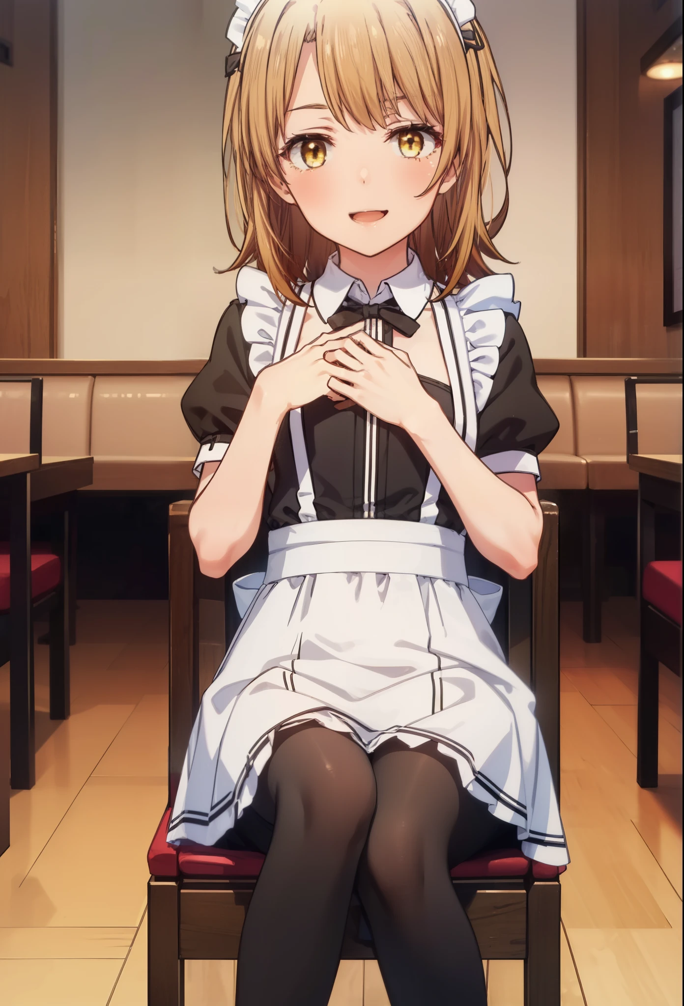 irohaisshiki, iroha isshiki, long hair, brown hair, (brown eyes:1.5), Smile, smile, open your mouth,short braided hair,ponytail,blush,smile,Maid clothes,Medium chest,she was wearing a long skirt, black pantyhose, sitting cross-legged on a chair,So that the whole body goes into the illustration,
break indoors, coffee shop,
break looking at viewer,
break (masterpiece:1.2), highest quality, High resolution, unity 8k wallpaper, (shape:0.8), (fine and beautiful eyes:1.6), highly detailed face, perfect lighting, Very detailed CG, (perfect hands, perfect anatomy),