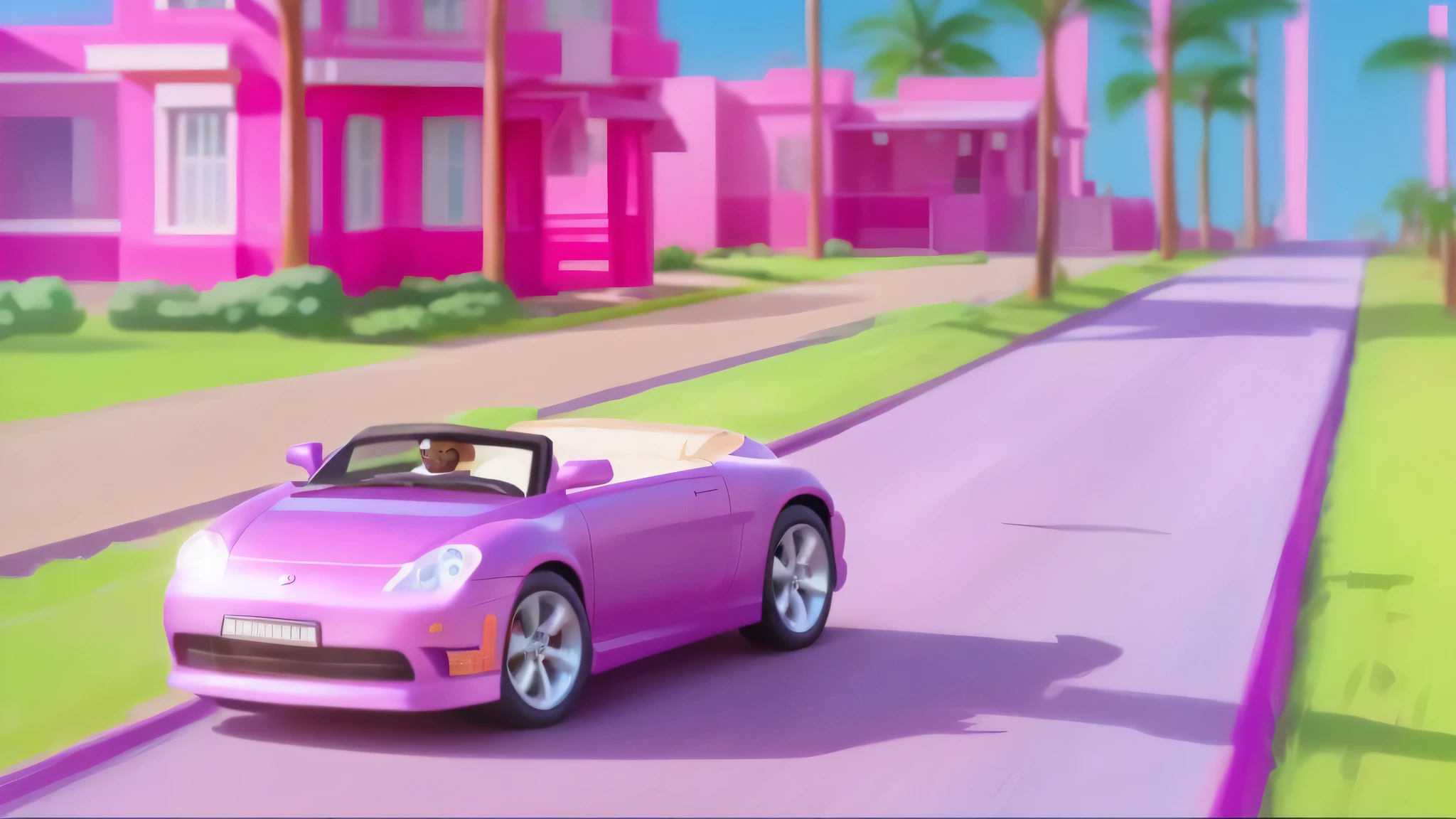 Alafid car drives along the road in front of the pink building, music video, Barbie, Toy advertising in the 1990s, 🪔 🎨;🌞🌄, Toy Teru, Toy, convertible, Driving a toy car, Animation film shooting, car jump, convertible, Cars with knights, video, disney animation style