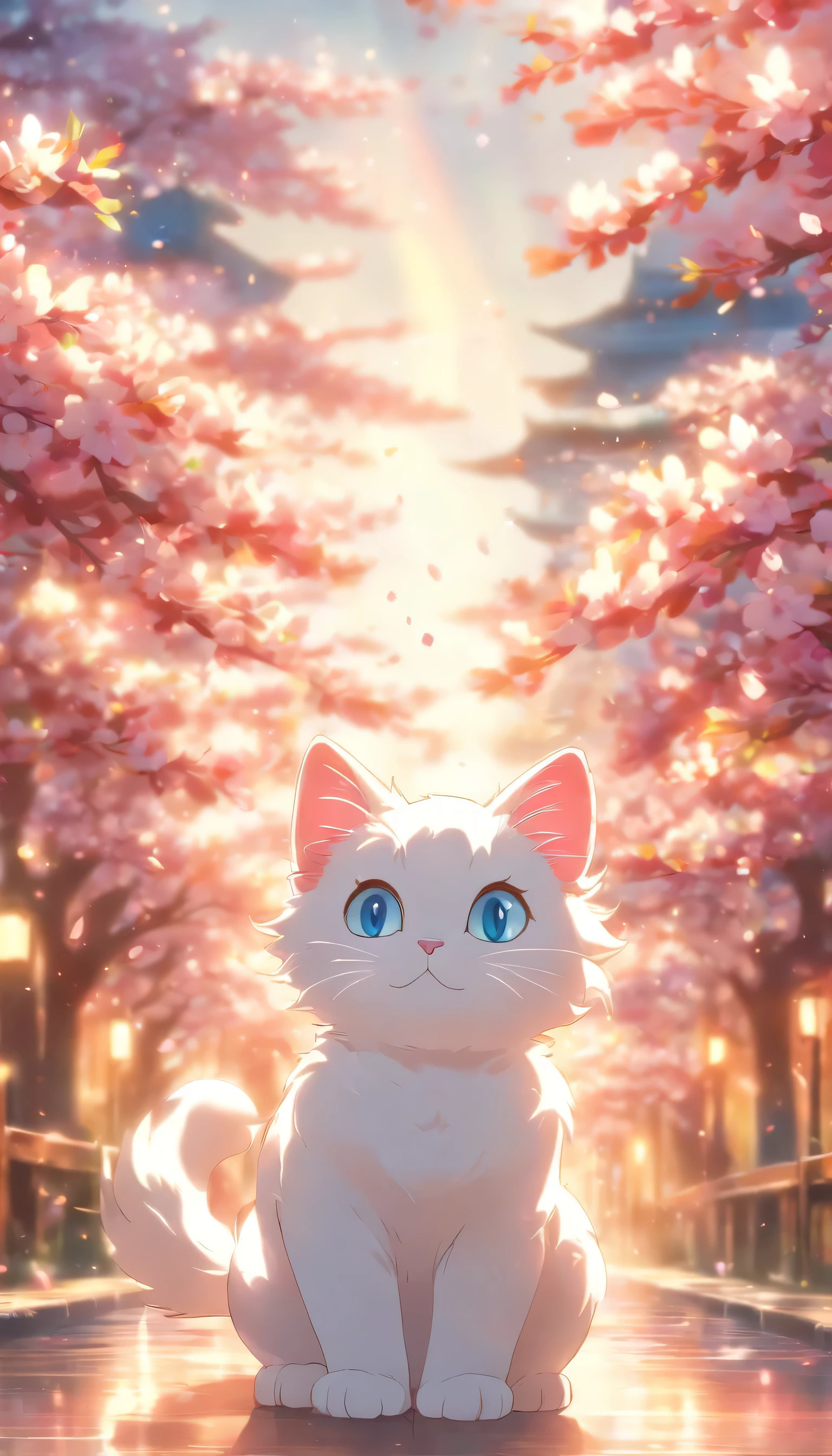Cartoon white cat, Flutter, Rainbow back, Around the cherry blossoms, high detail, movie lighting, motion blur, Color difference, ultra high definition, masterpiece, Super details, high details, high quality, Award-winning, best quality, high resolution