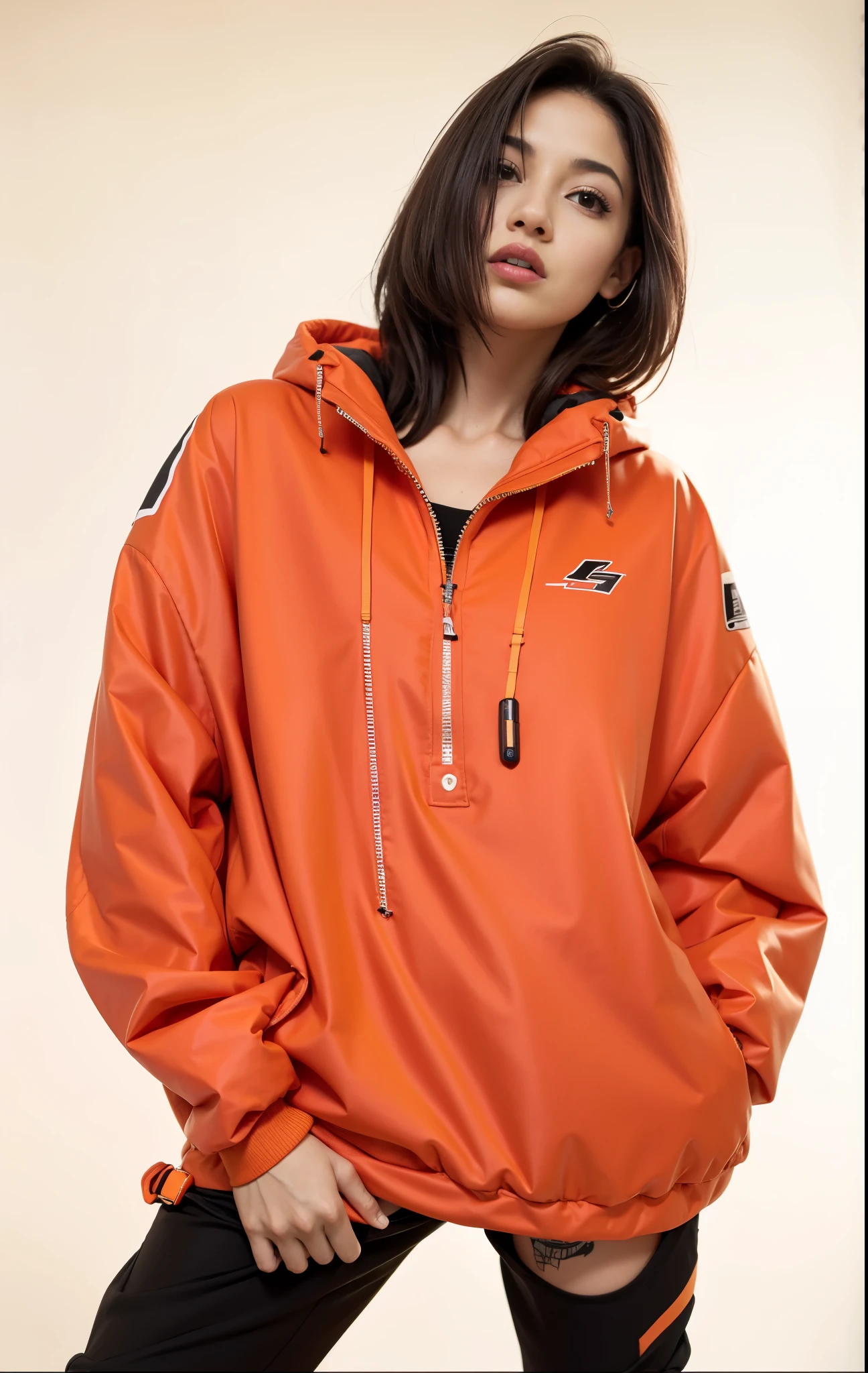 a woman wearing an orange jaqueta and black pants, orange jaqueta, Poncho, moletom laranja, red jaqueta, encapuzado, moletom longo laranja, roupas esportivas, neon orange, future inflatable jaqueta, Hodie Mihi Cras Tibi, superdimensionado, jaqueta, casaco para uma rave, cool red jaqueta, roupas esportivas, vestindo um pescador 🧥