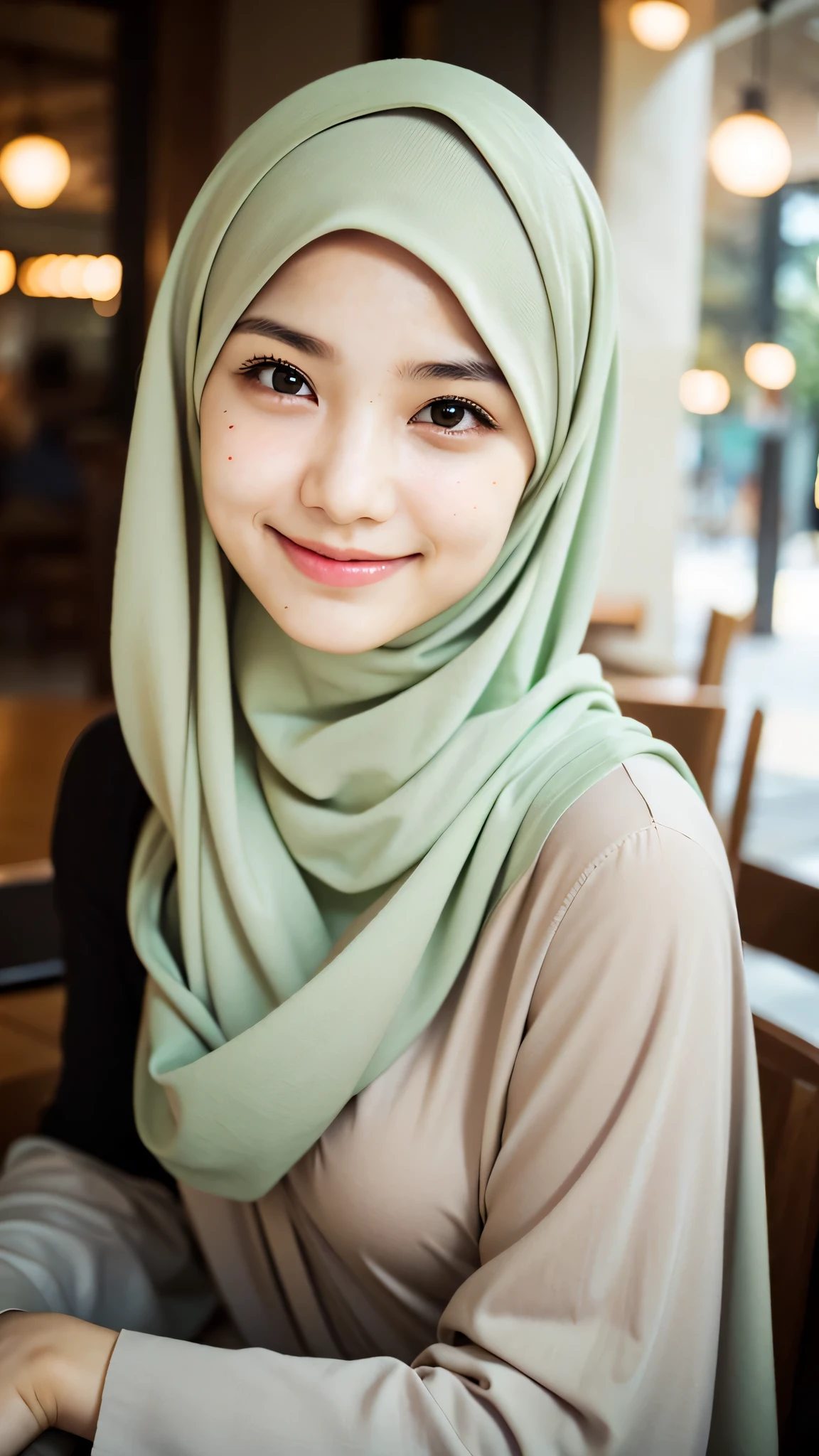 ((best quality)), ((masterpiece)), 1 girl, perfect face, indonesia, hijab, sharp nose, smile, half body, sits in a cafe