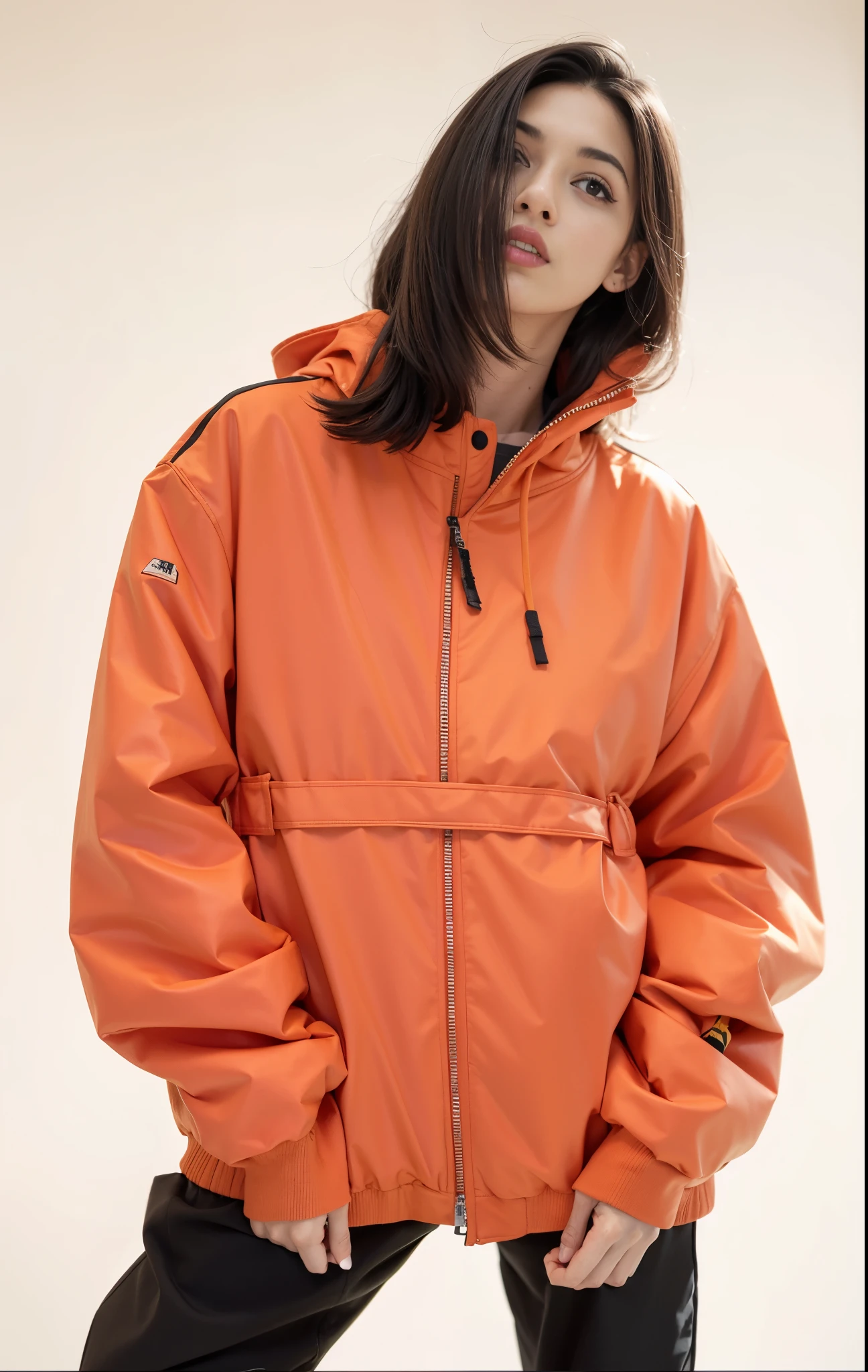 a woman wearing an orange jaqueta and black pants, orange jaqueta, Poncho, moletom laranja, red jaqueta, encapuzado, moletom longo laranja, roupas esportivas, neon orange, future inflatable jaqueta, Hodie Mihi Cras Tibi, superdimensionado, jaqueta, casaco para uma rave, cool red jaqueta, roupas esportivas, vestindo um pescador 🧥